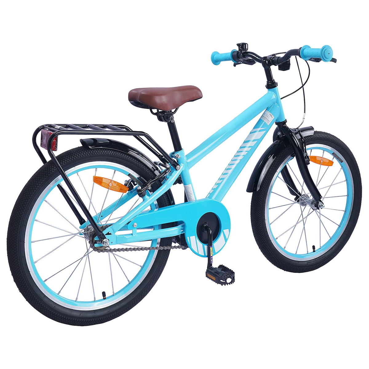 Ein hellblaues Kinderfahrrad mit braunem Sattel und schwarzen Schutzblechen.