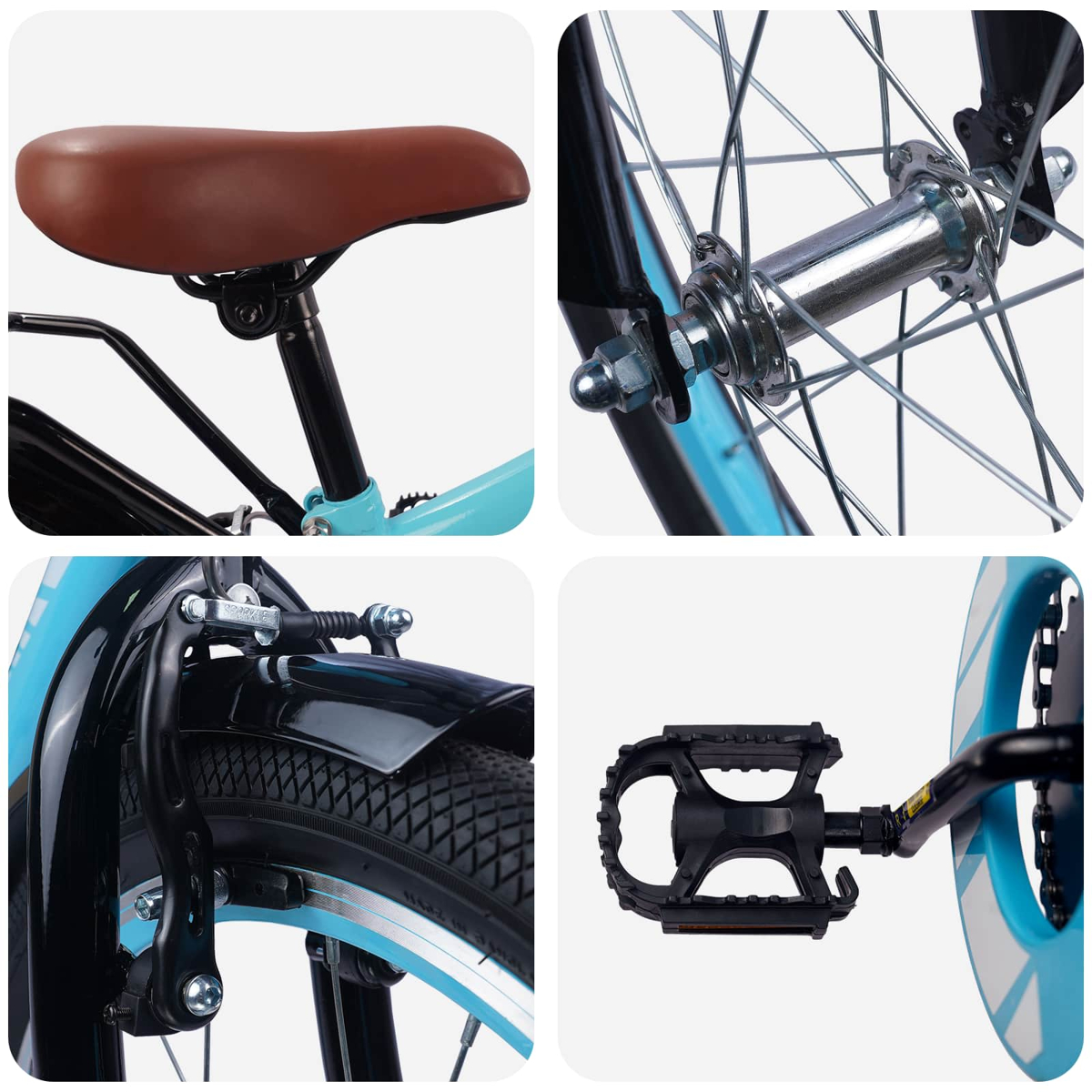Collage von Fahrradteilen: brauner Sattel, Vorderradnabe, Bremse und schwarzes Pedal.