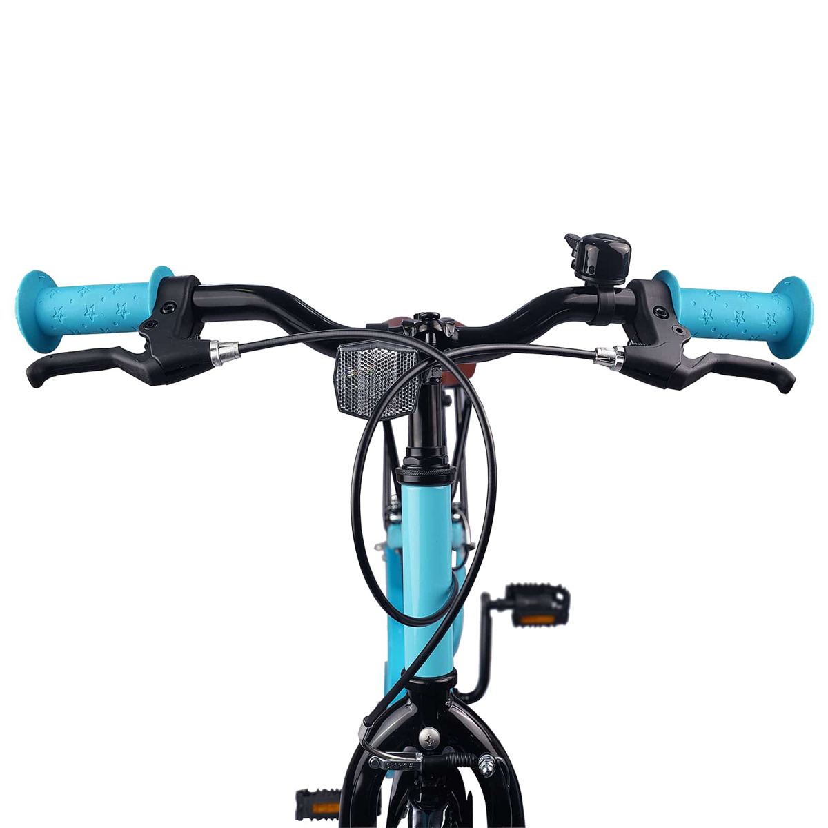 Hellblaue Fahrradgriffe mit Sternen, schwarzer Lenker, Klingel und Bremsen.