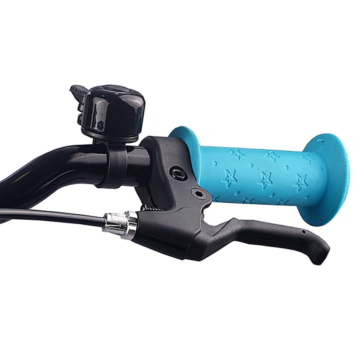 Schwarzer Fahrradlenker mit einer schwarzen Klingel und einem blauen Griff mit Sternmuster.