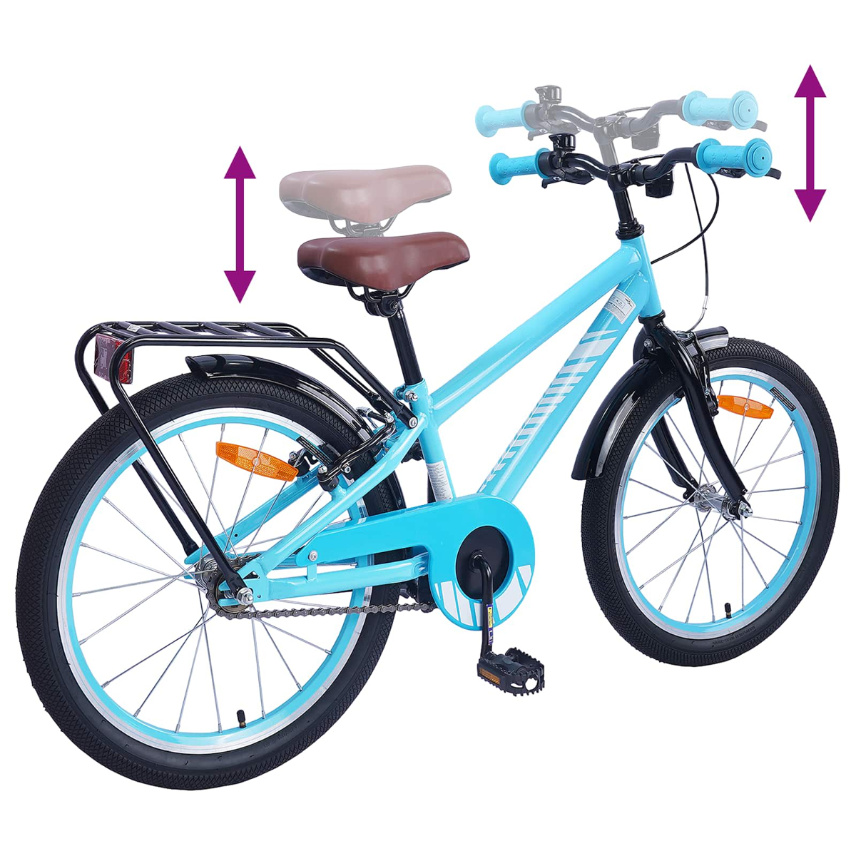 Ein hellblaues Kinderfahrrad mit Gepäckträger und verstellbarem Lenker/Sattel.