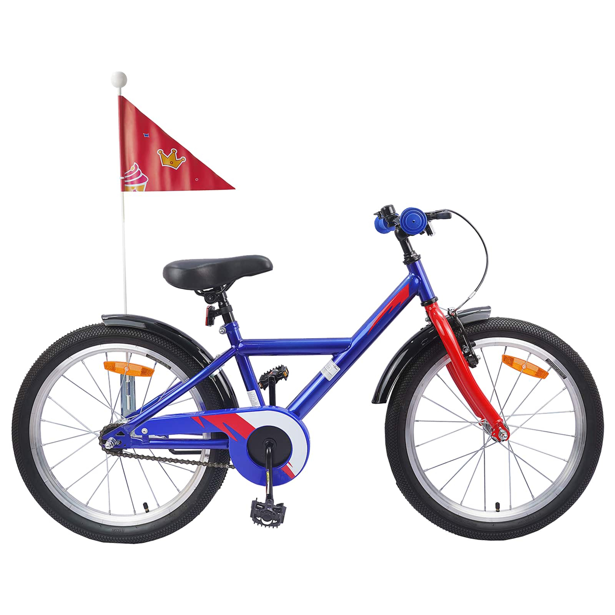 Ein blaues Kinderfahrrad mit roten Akzenten und einer roten Fahne mit Cupcake- und Kronenmotiv.