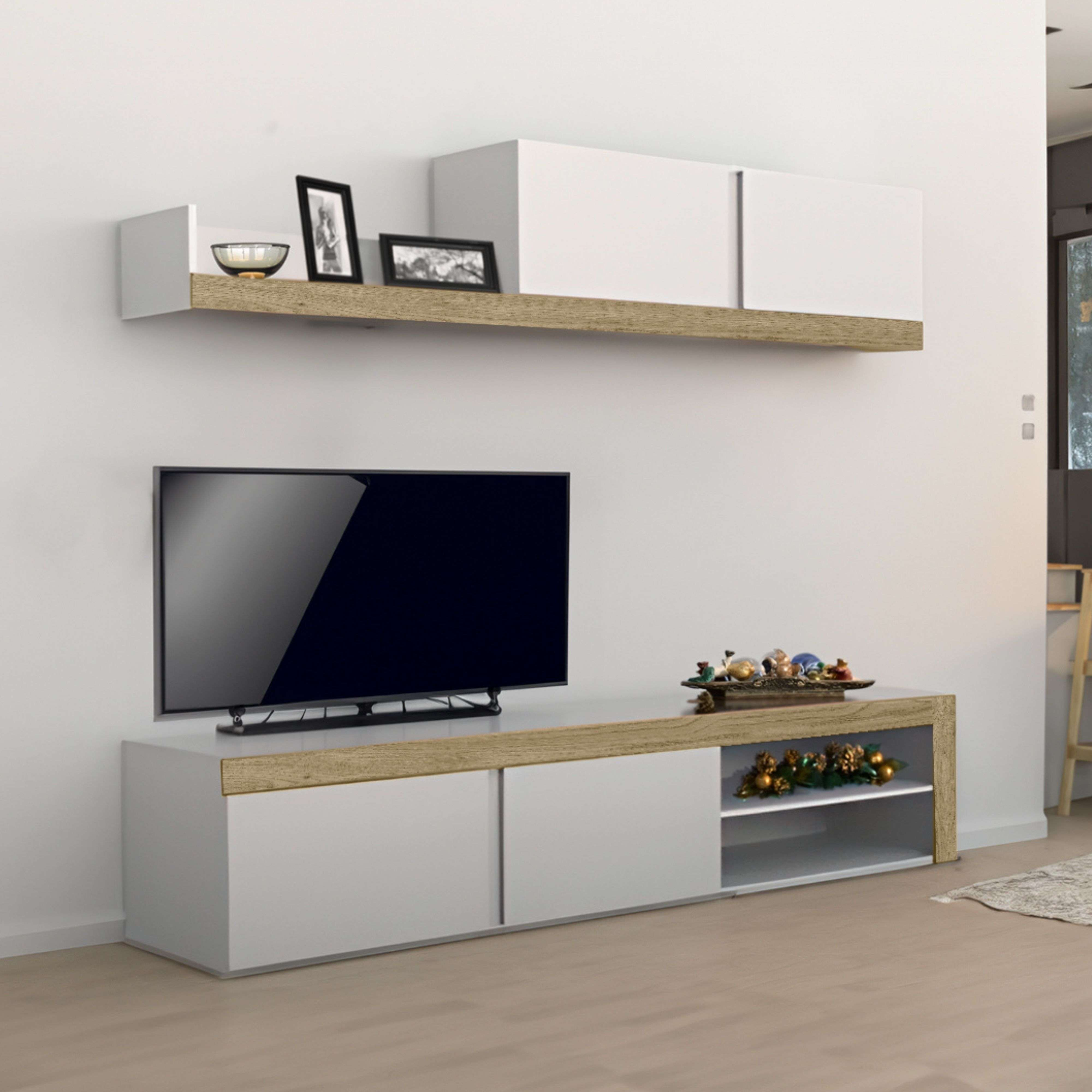 Un moderno salón con mueble de TV blanco, estantería y televisión.