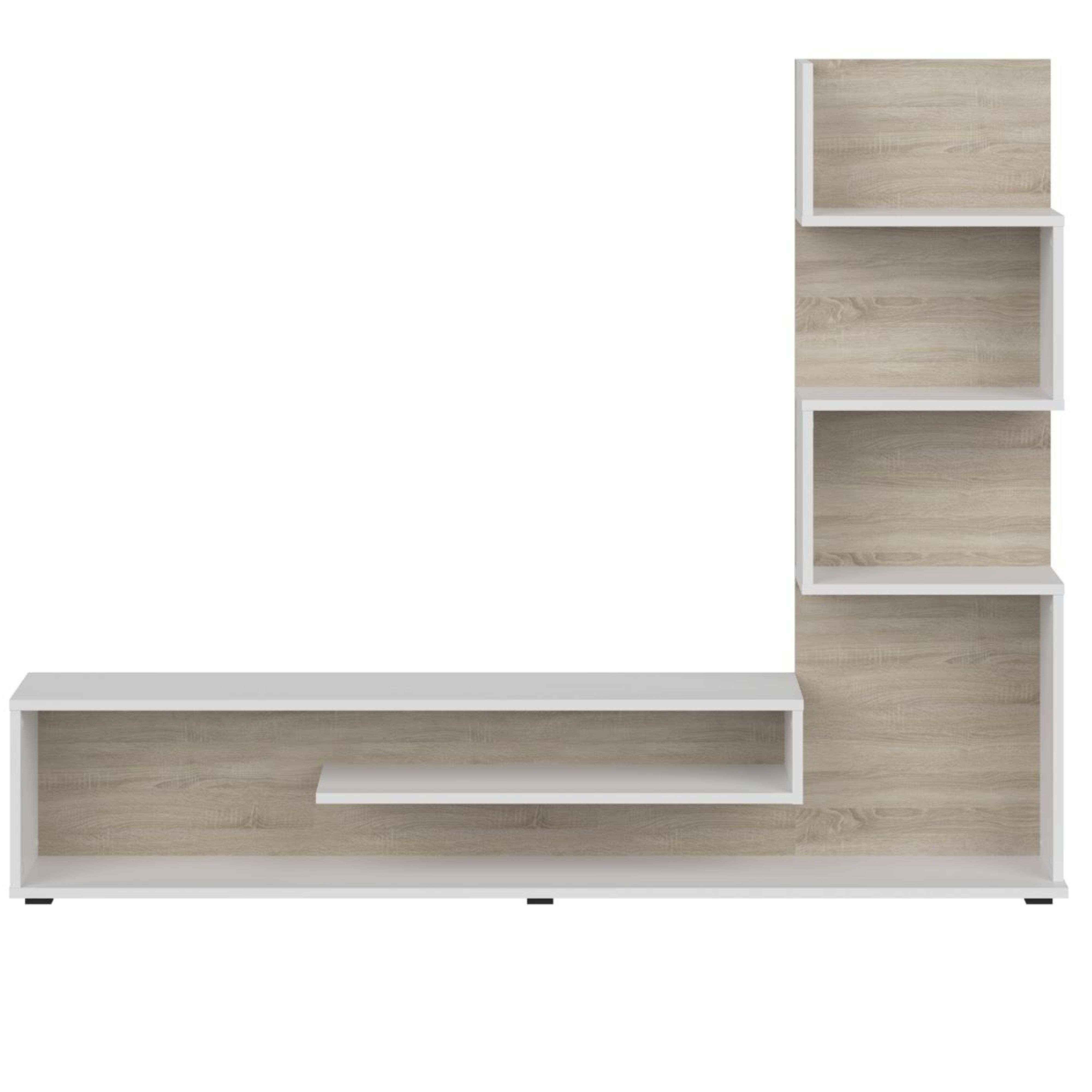 Un mueble de estantería blanco con detalles en madera, en forma de L y escalonado.