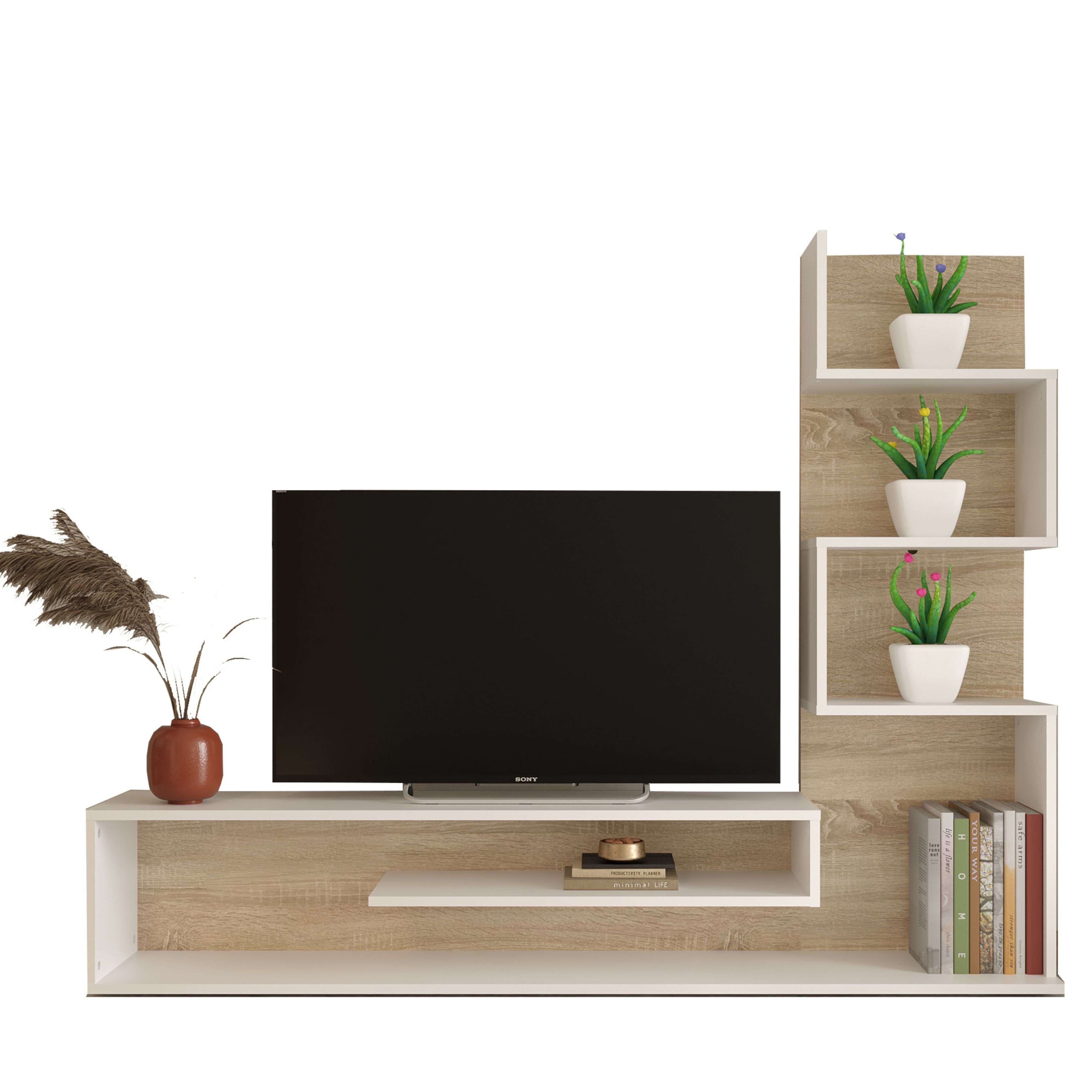 Una moderna consola multimedia blanca y de madera con TV, jarrón, libros y plantas.