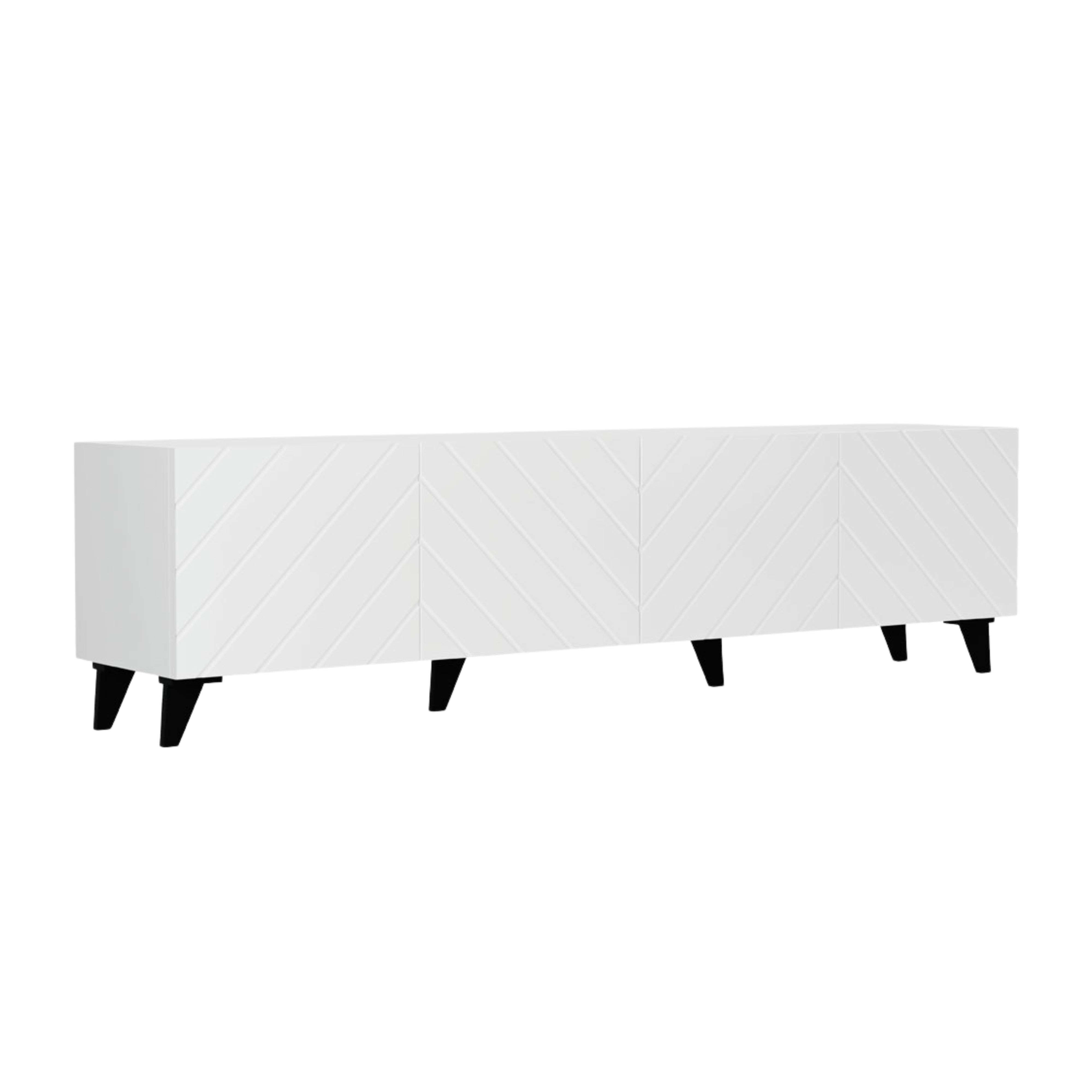 Un mueble blanco con patrón de espiga y patas negras.