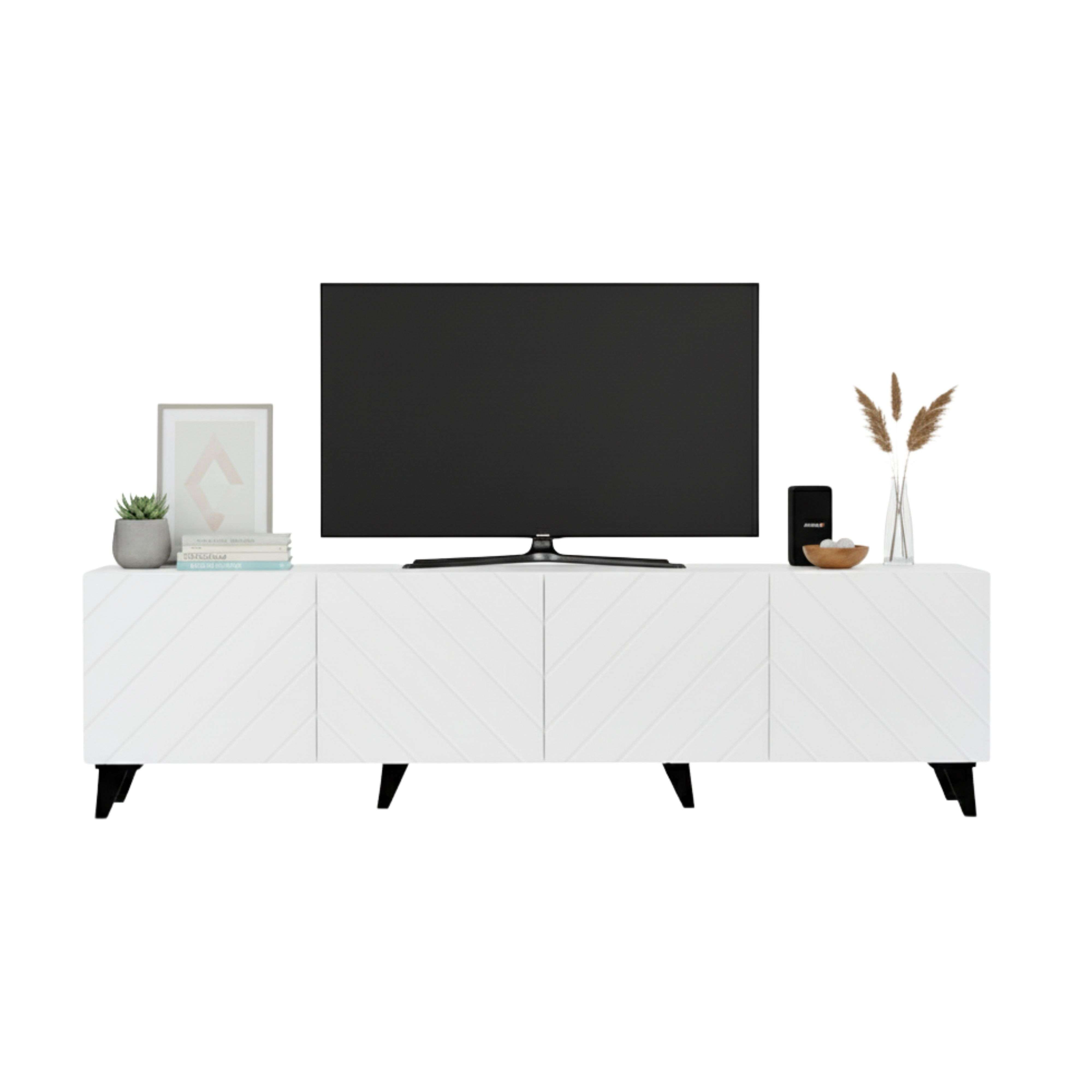 Mueble de TV blanco con TV, decoración y planta.