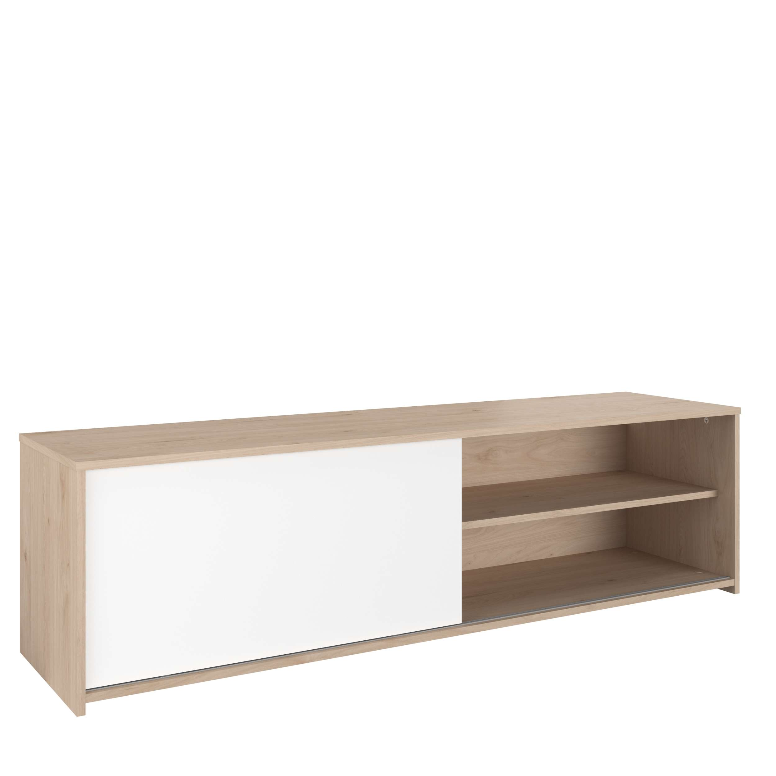 Un mueble largo y estrecho de madera clara con puerta corredera blanca y estantes abiertos.
