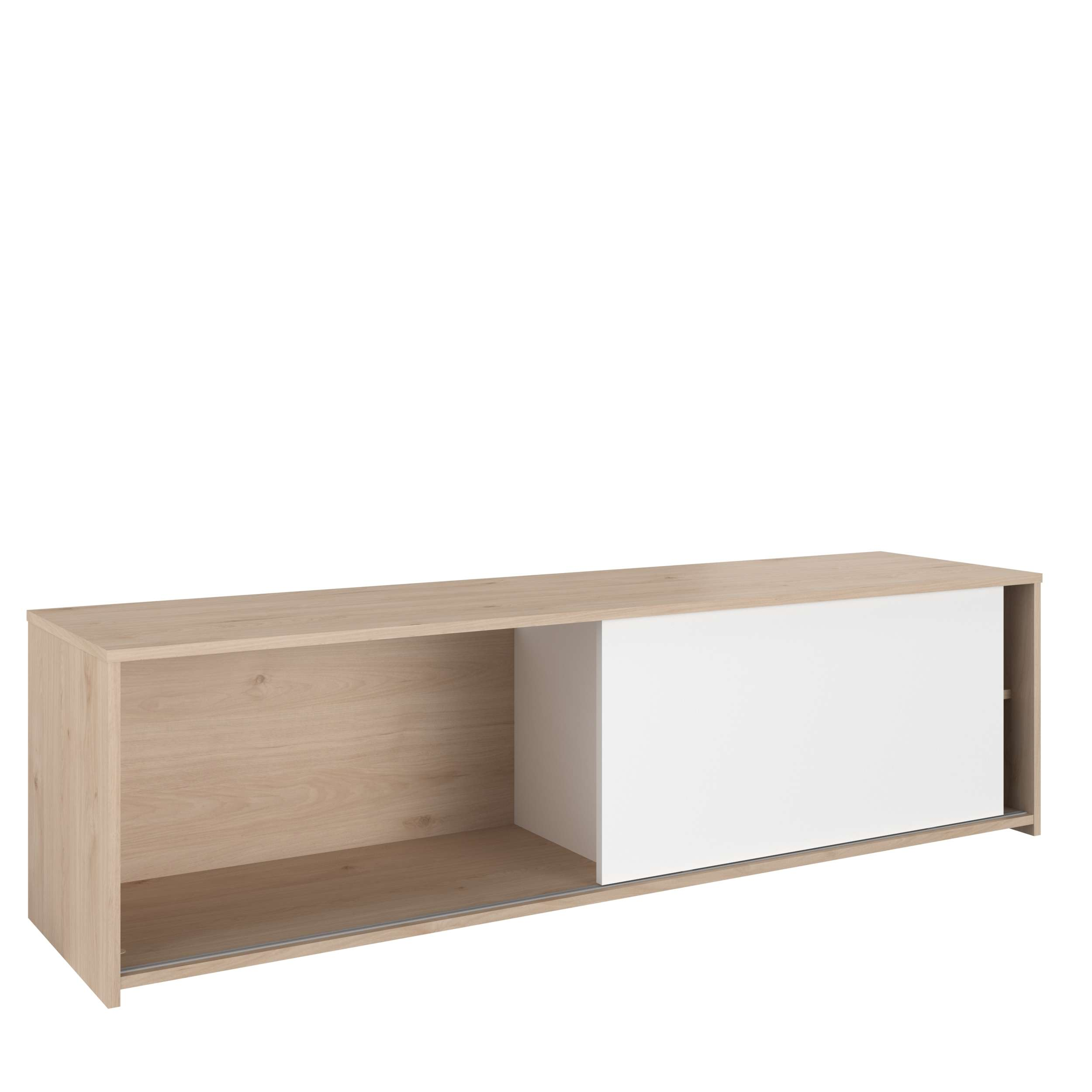 Un mueble de estante de madera marrón claro con un cajón blanco.