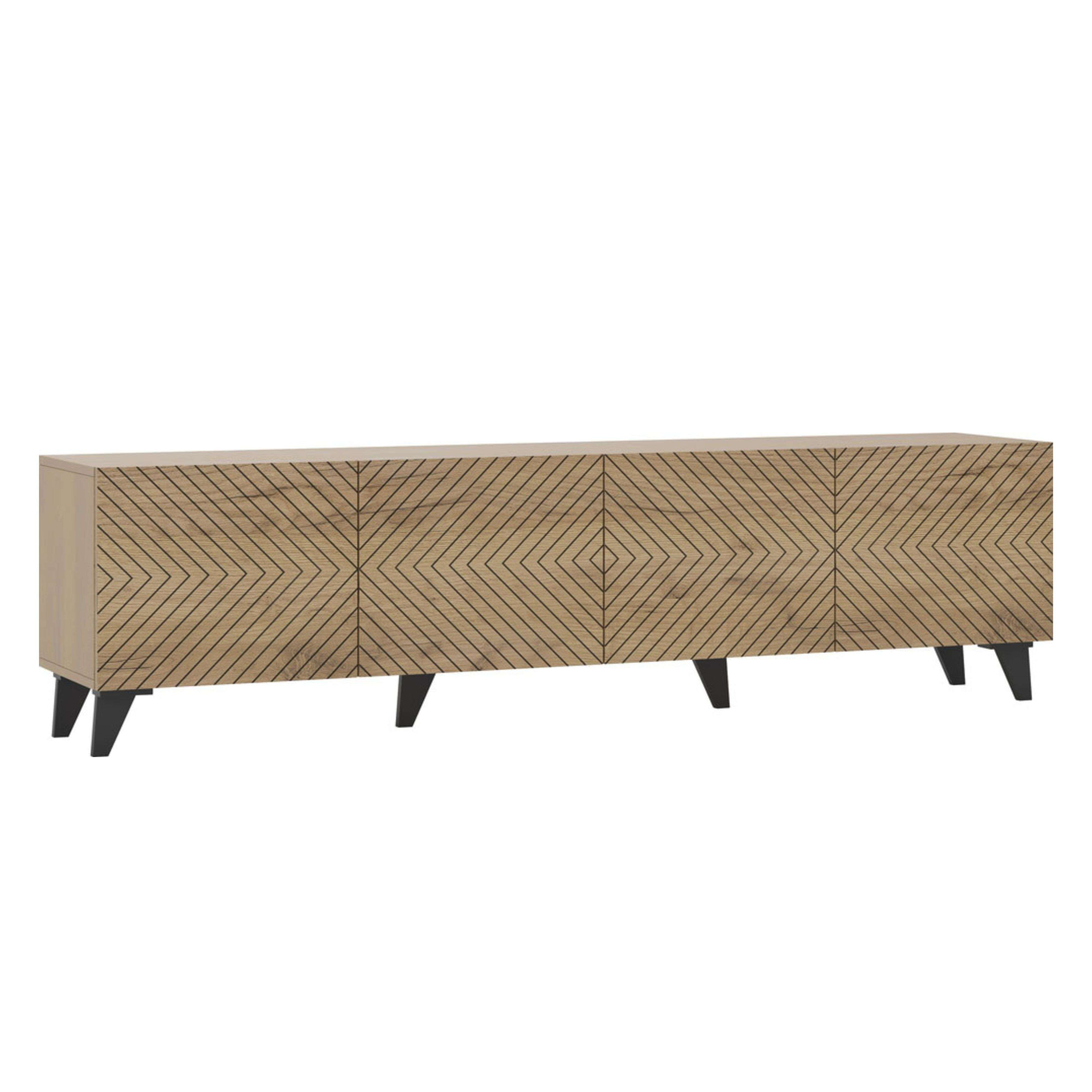Un mueble bajo de madera largo con patrón geométrico y patas negras.