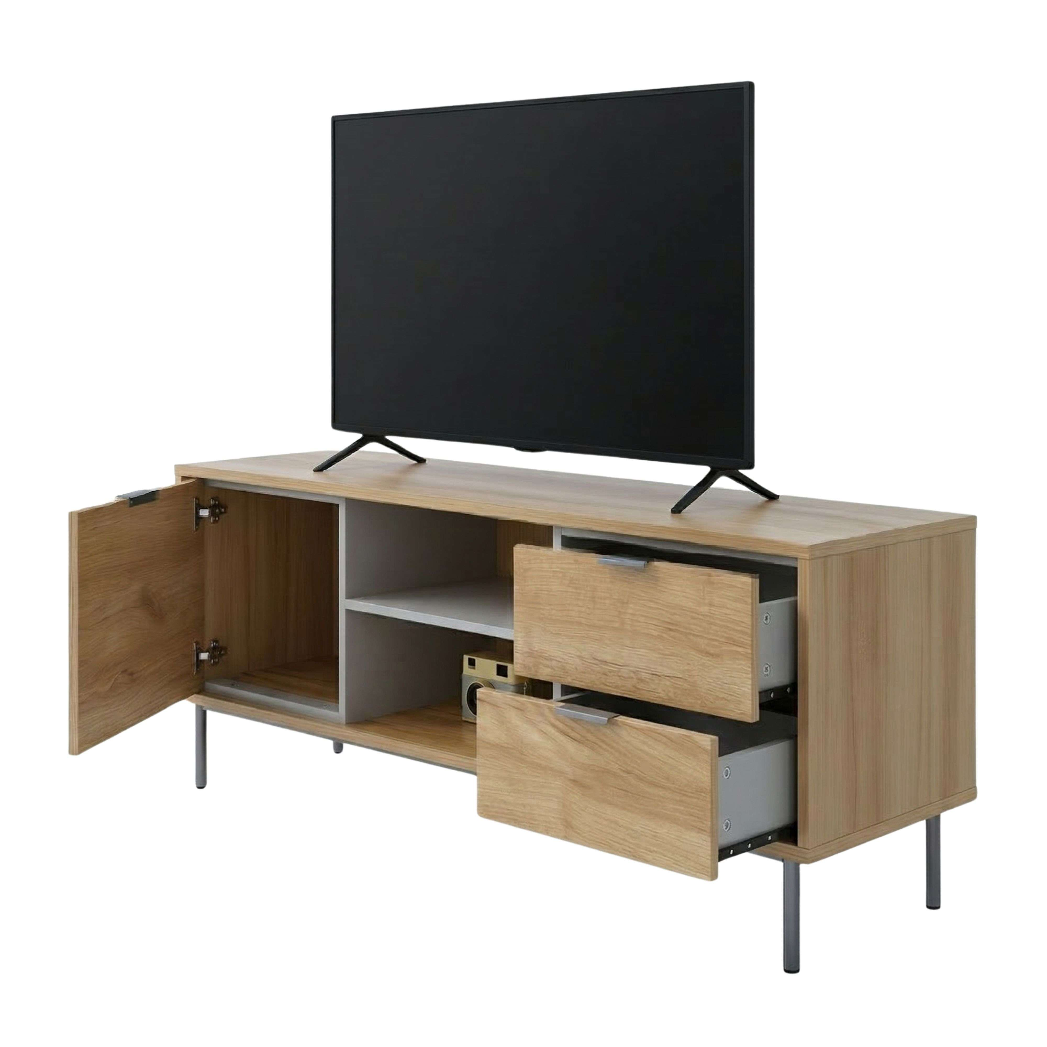 Un mueble de TV de madera con puertas abiertas, dos cajones y un televisor.