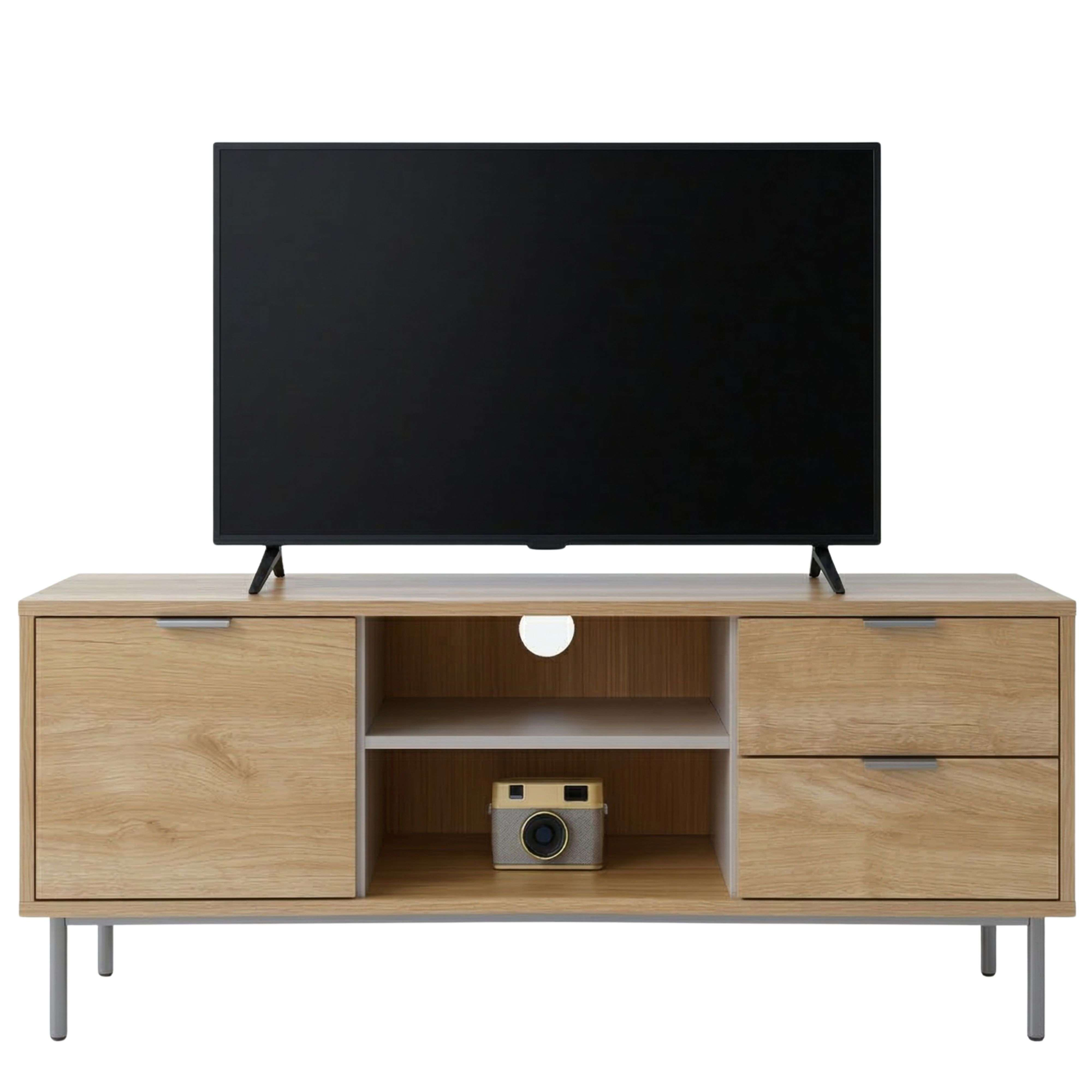 Un televisor descansa sobre un mueble de TV de madera marrón claro.