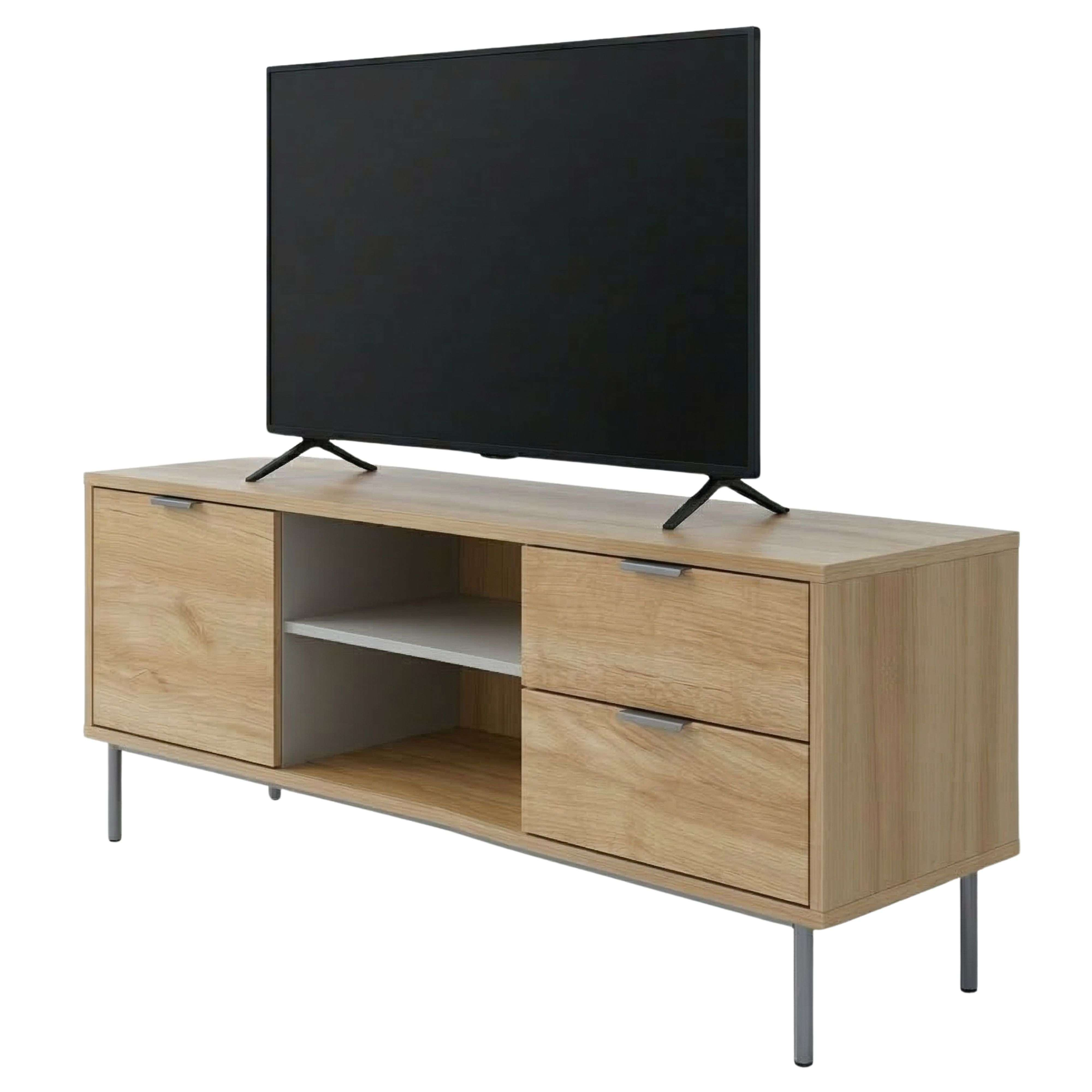 Un moderno mueble de TV de madera con dos cajones y un estante abierto, con un televisor negro encima.