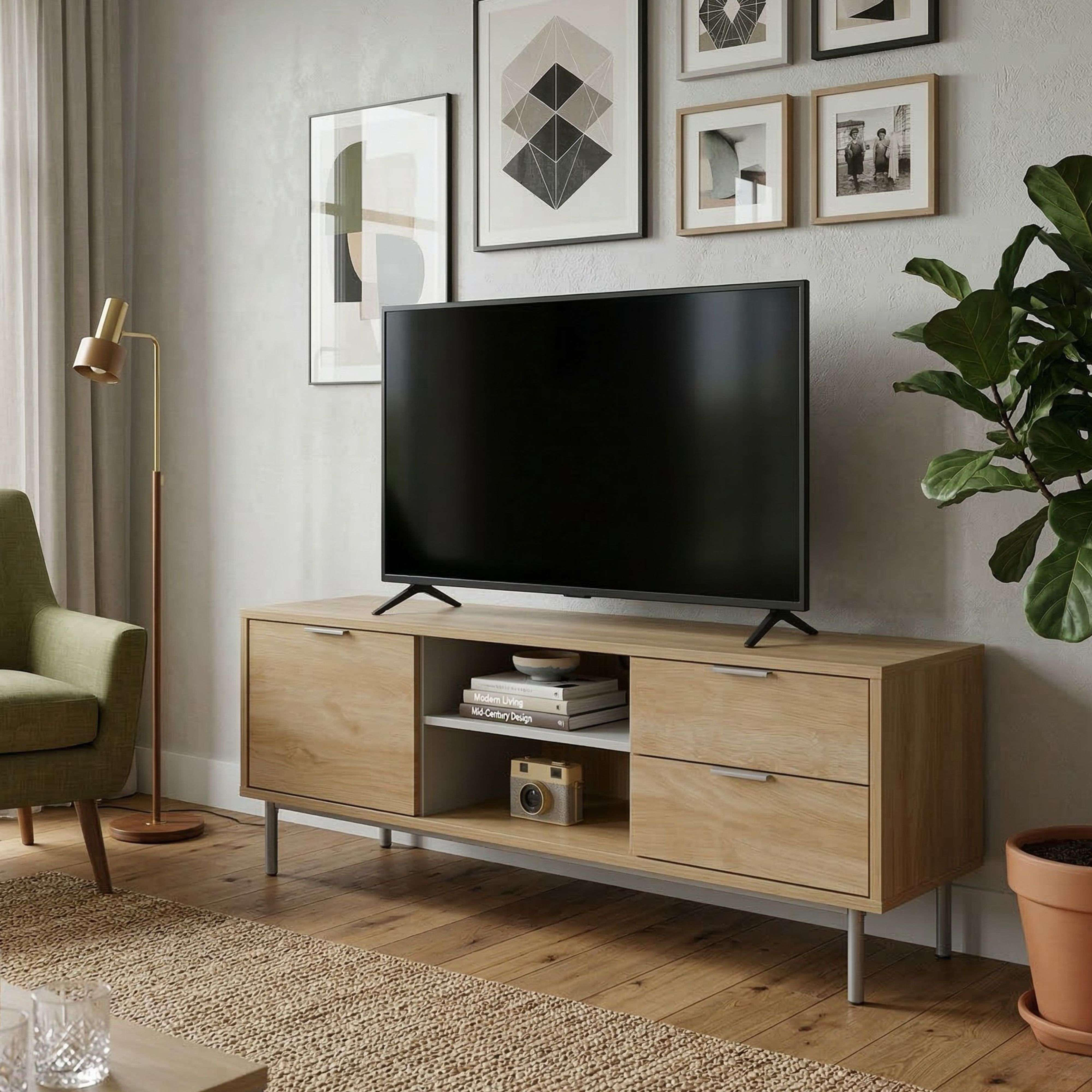 Una sala de estar con TV, sofá, lámpara, alfombra y plantas.