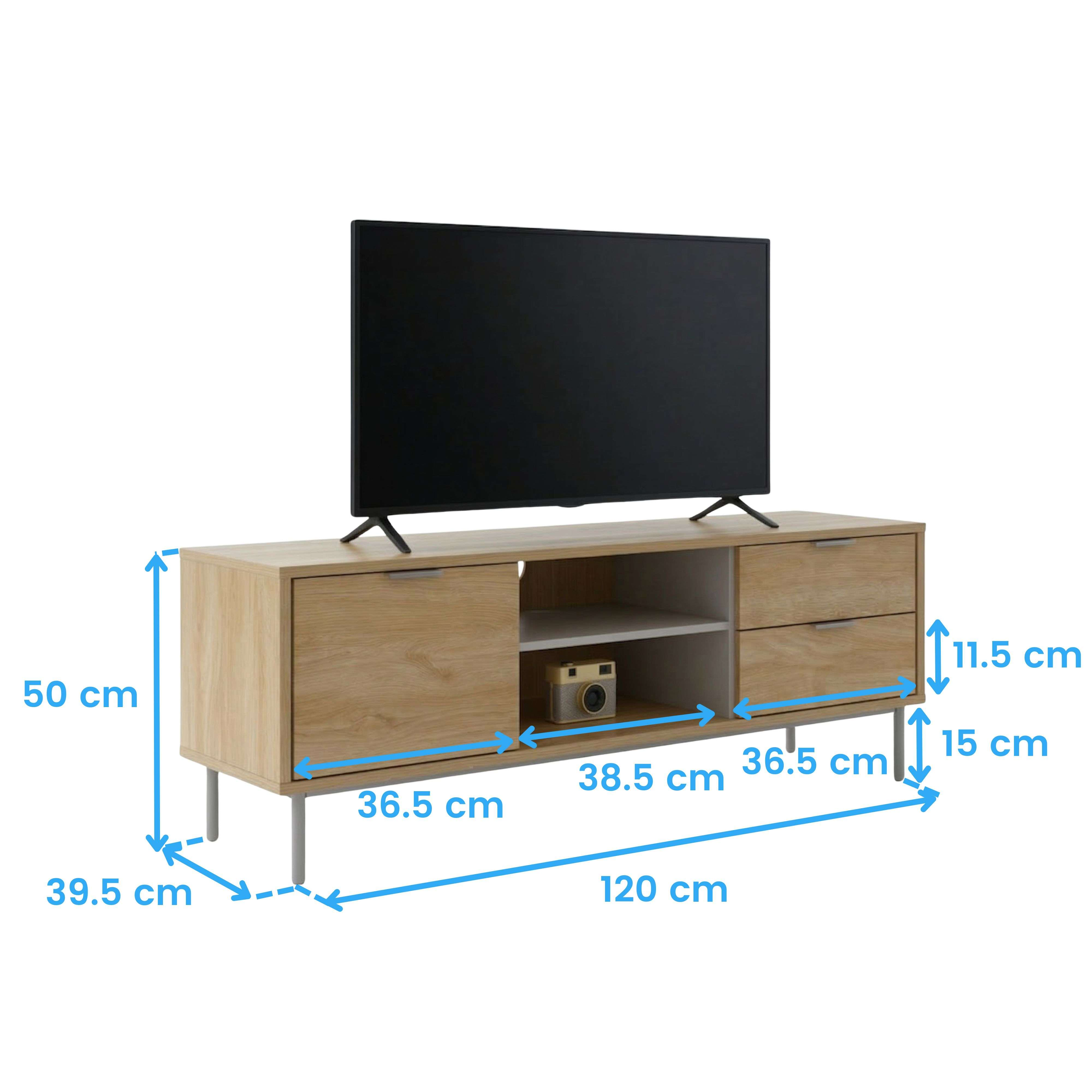 Un mueble de TV de madera con TV de pantalla plana y dimensiones.