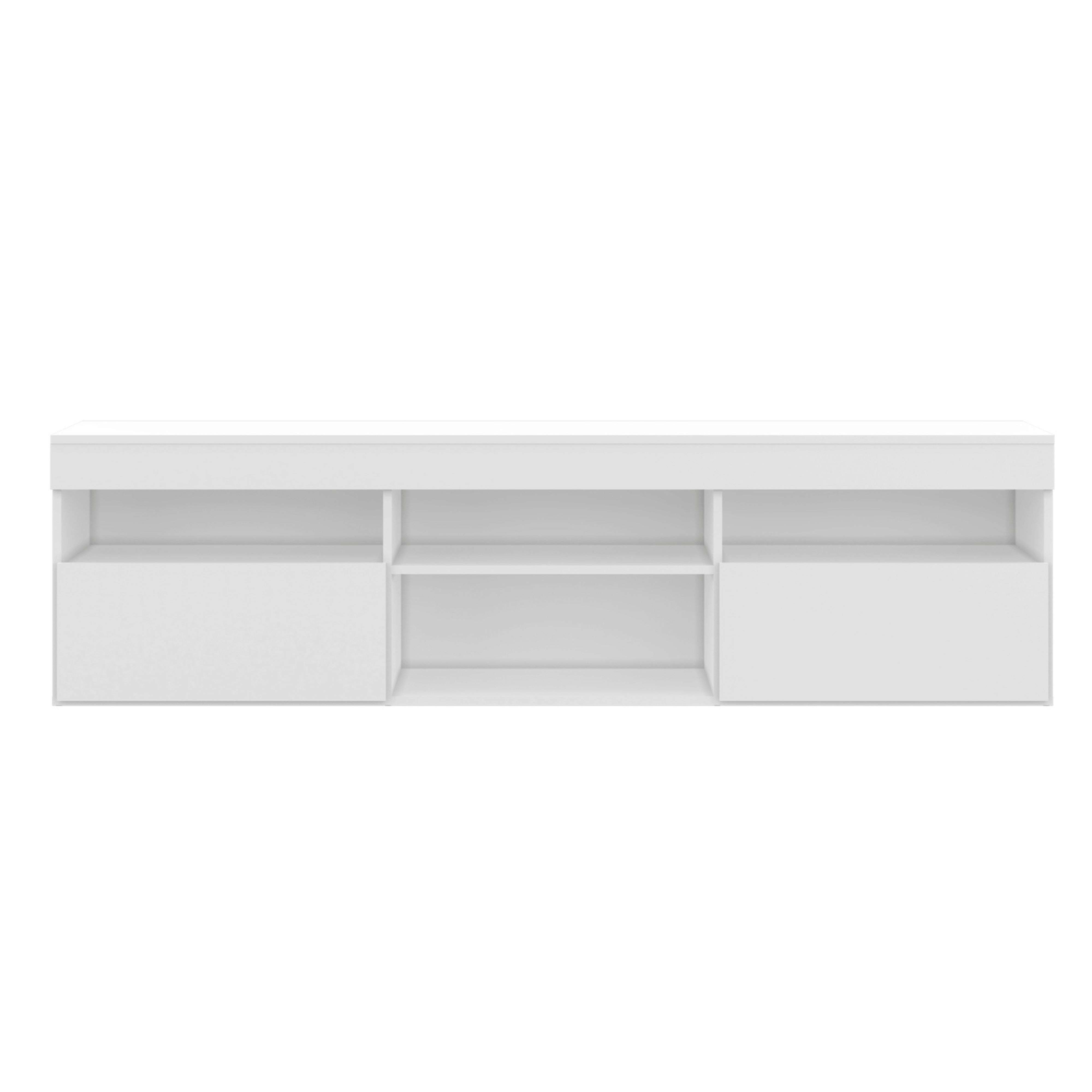 Un mueble de TV blanco y sencillo con estantes abiertos y compartimentos cerrados.