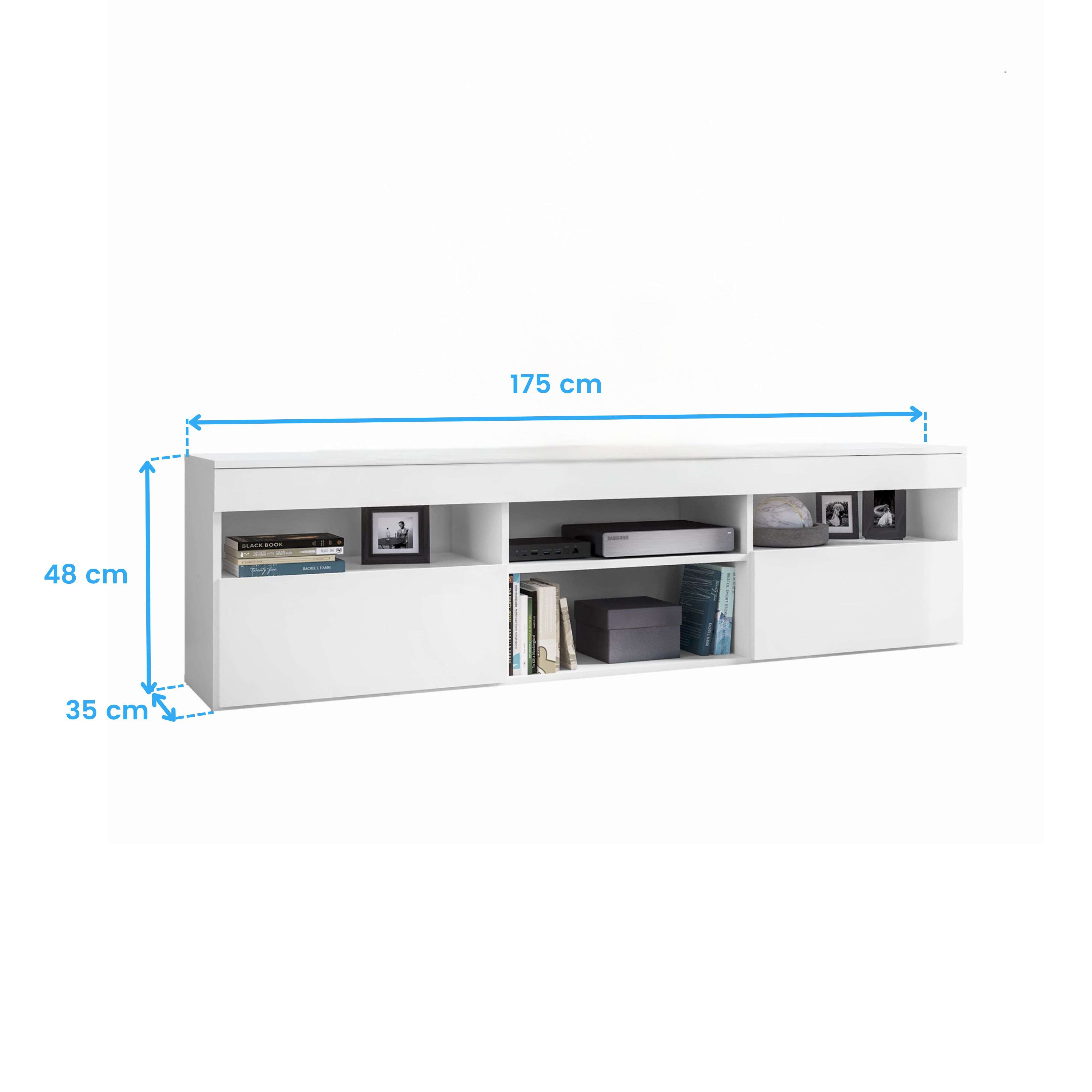 Un mueble de TV blanco de 175x48x35 cm, con estantes abiertos y cajones.
