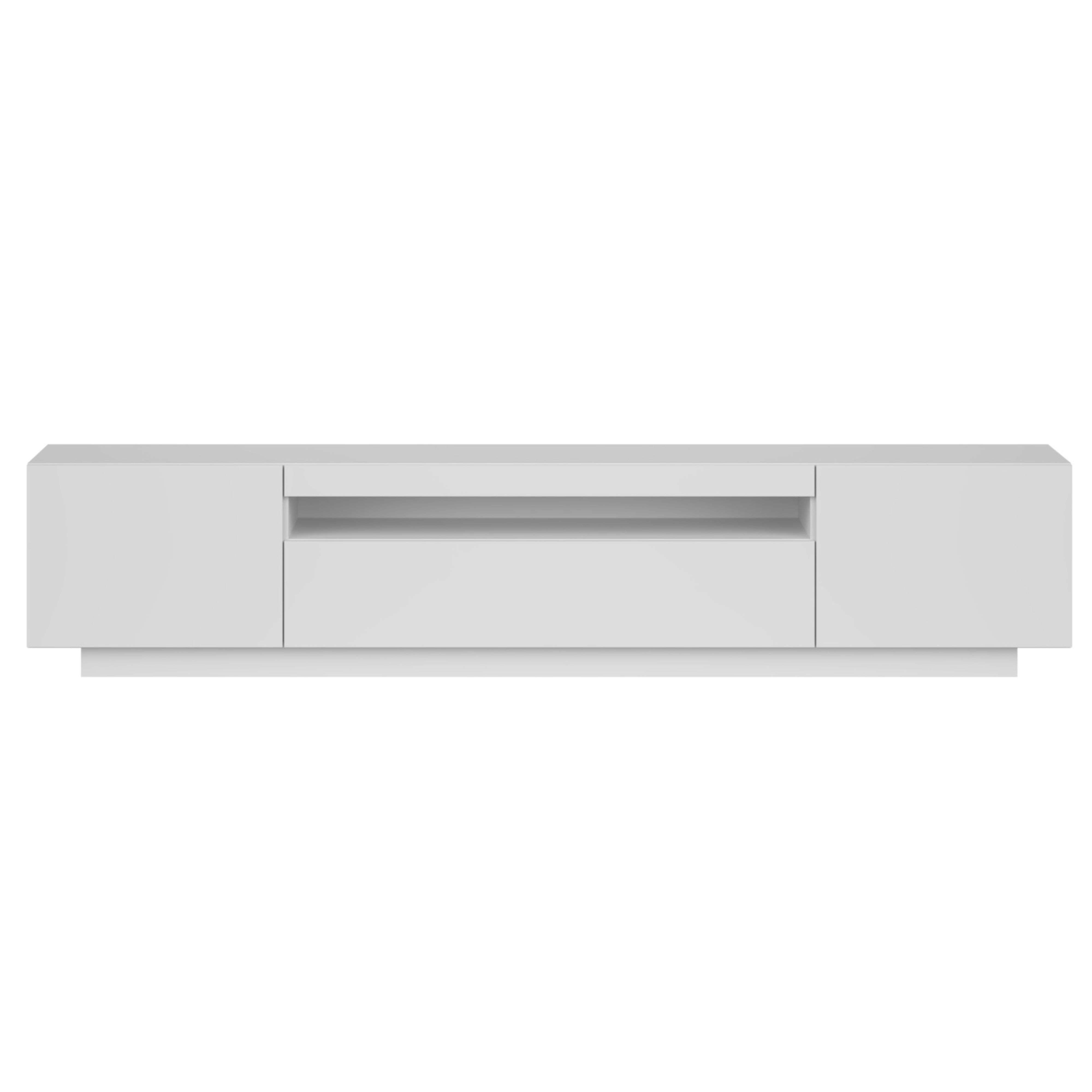 Un mueble de TV blanco, moderno y elegante, con dos puertas y un estante abierto.