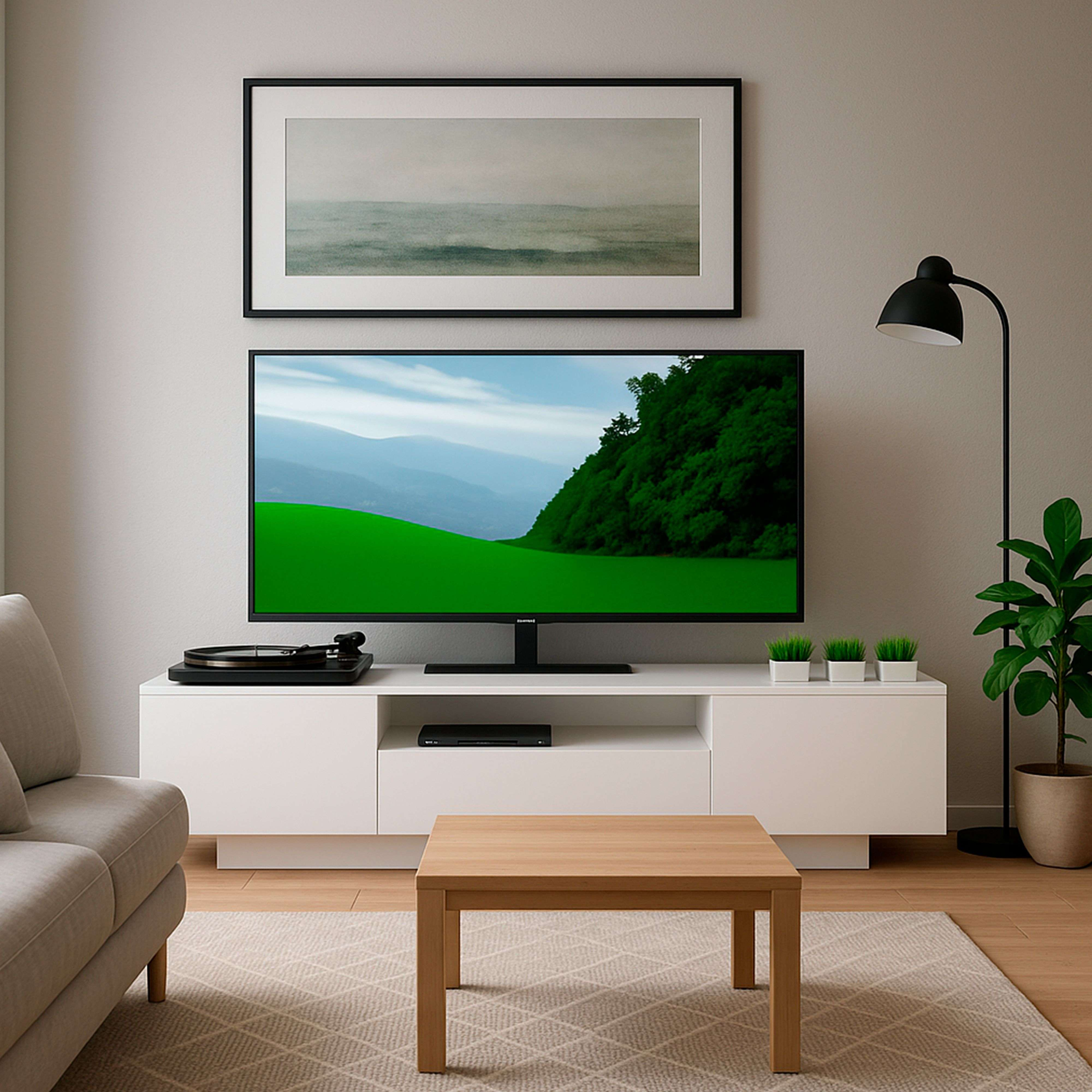 Una sala de estar con sofá, mesa, TV con paisaje y lámpara.