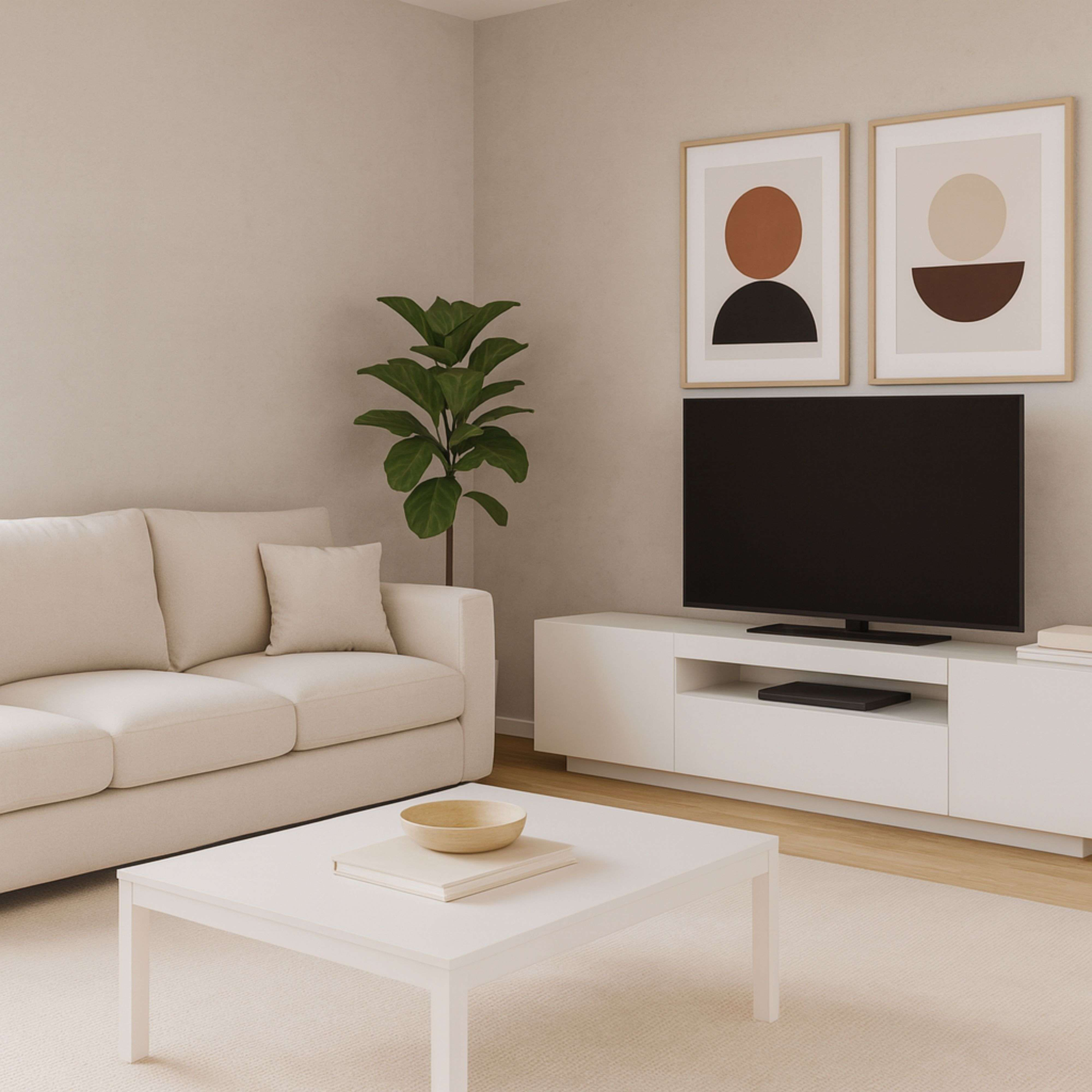 Una sala de estar luminosa con sofá, mesa de centro, TV y arte de pared.