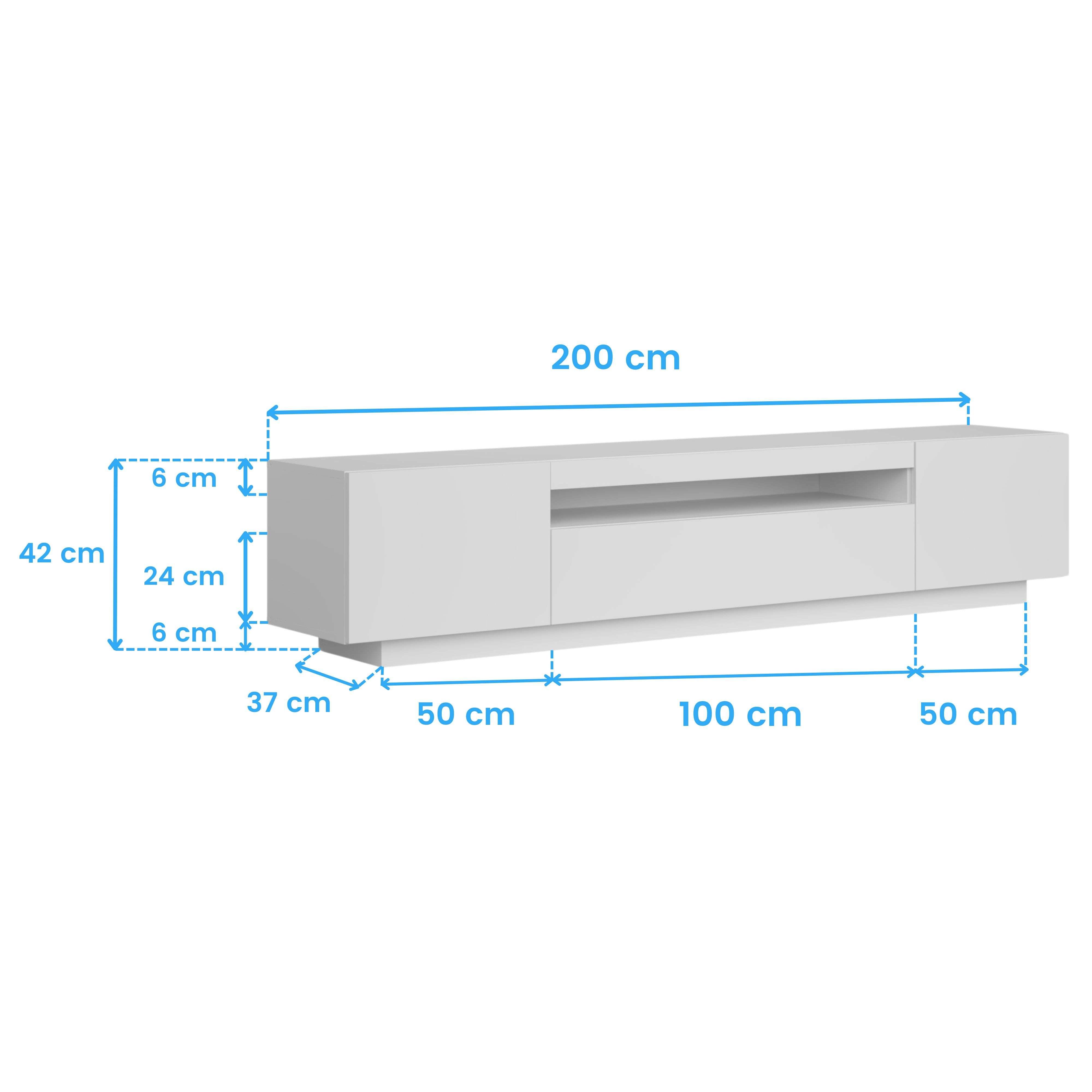 Mueble de TV blanco con dimensiones 200x42x37cm. Con compartimentos abiertos y cerrados.