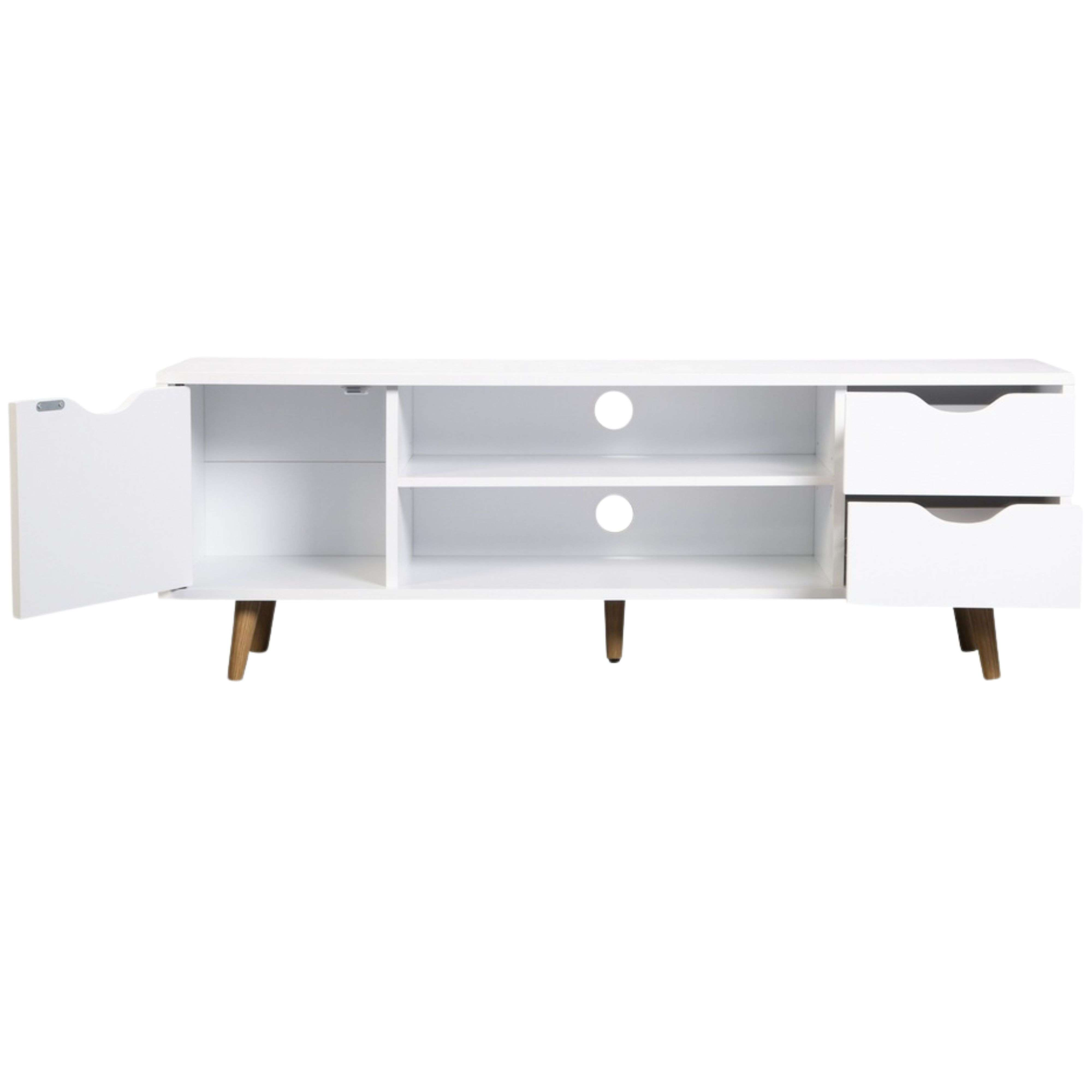 Un mueble de TV blanco con estantes abiertos, cajones y cuatro patas de madera.