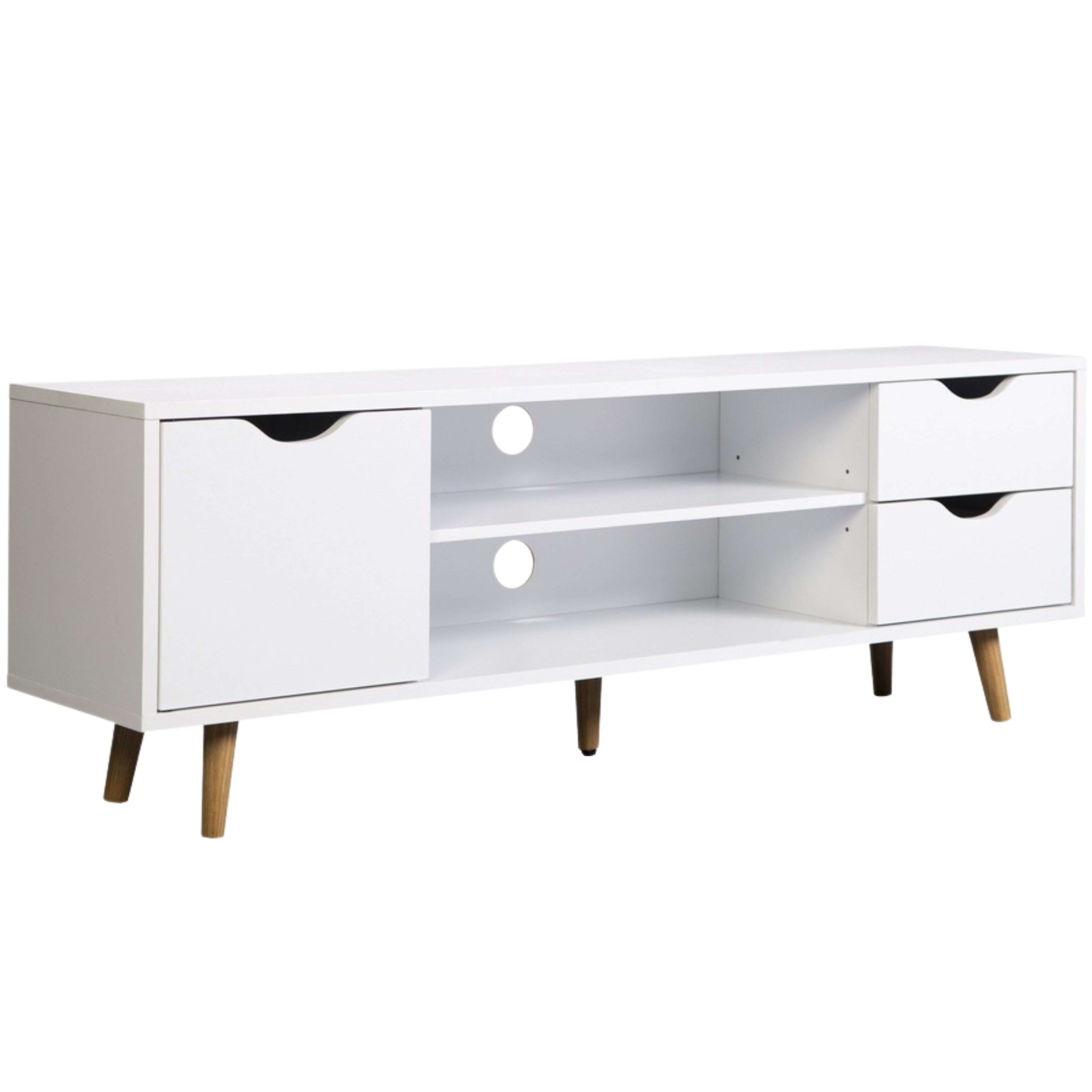 Un mueble de TV blanco con patas de madera, cajones y compartimentos.
