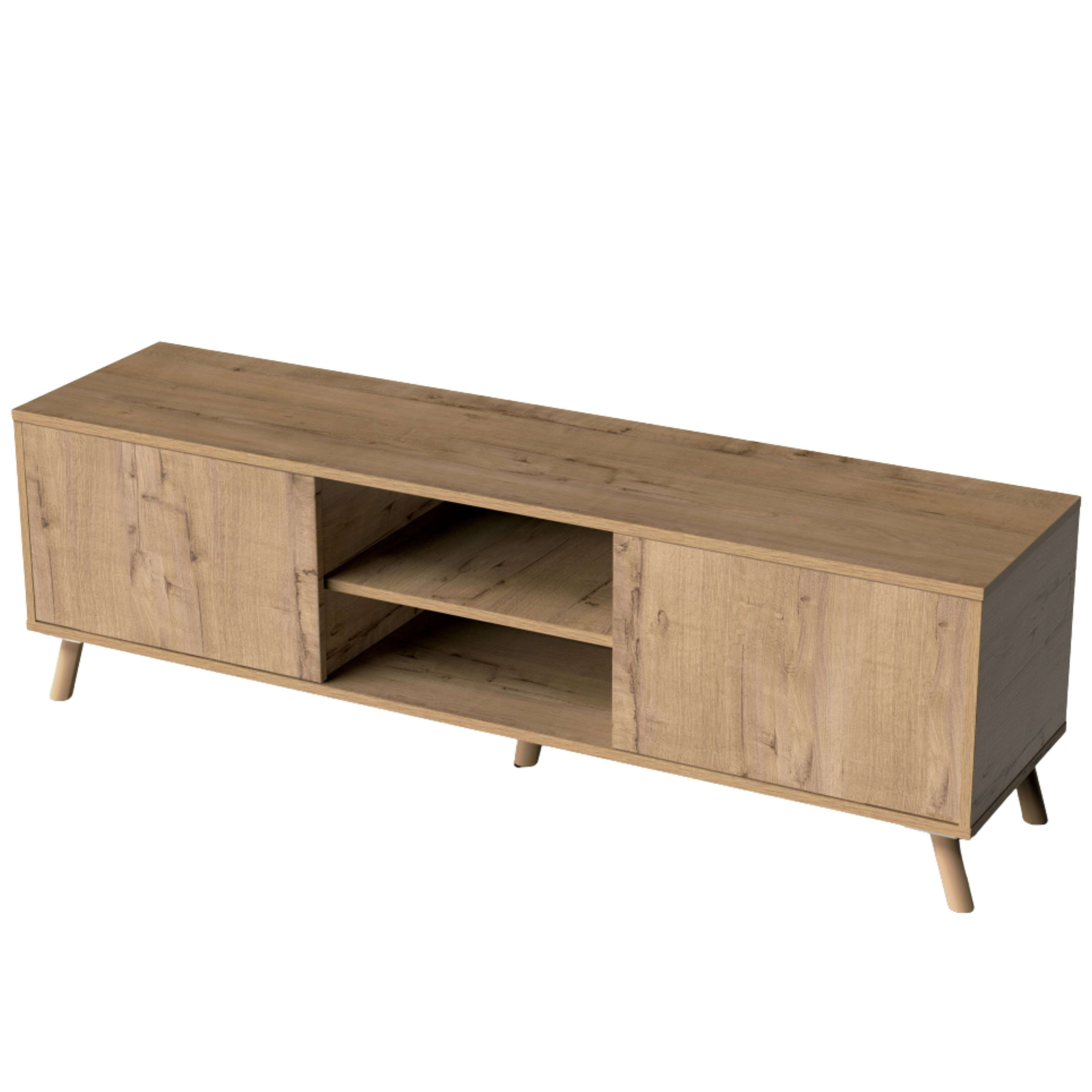 Un mueble de TV de madera con dos puertas y dos estantes abiertos.