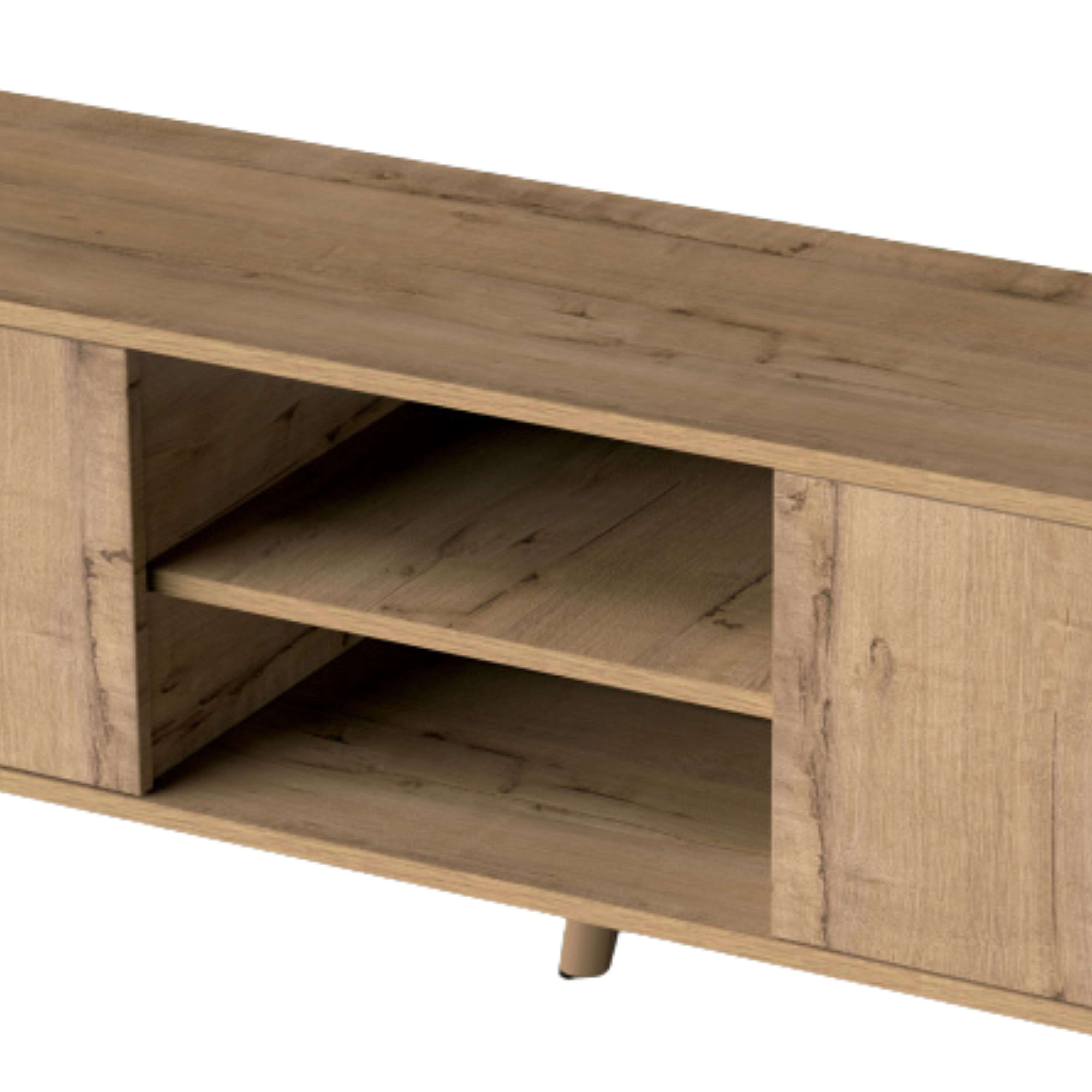Un mueble de TV de madera con estantes abiertos y puertas.