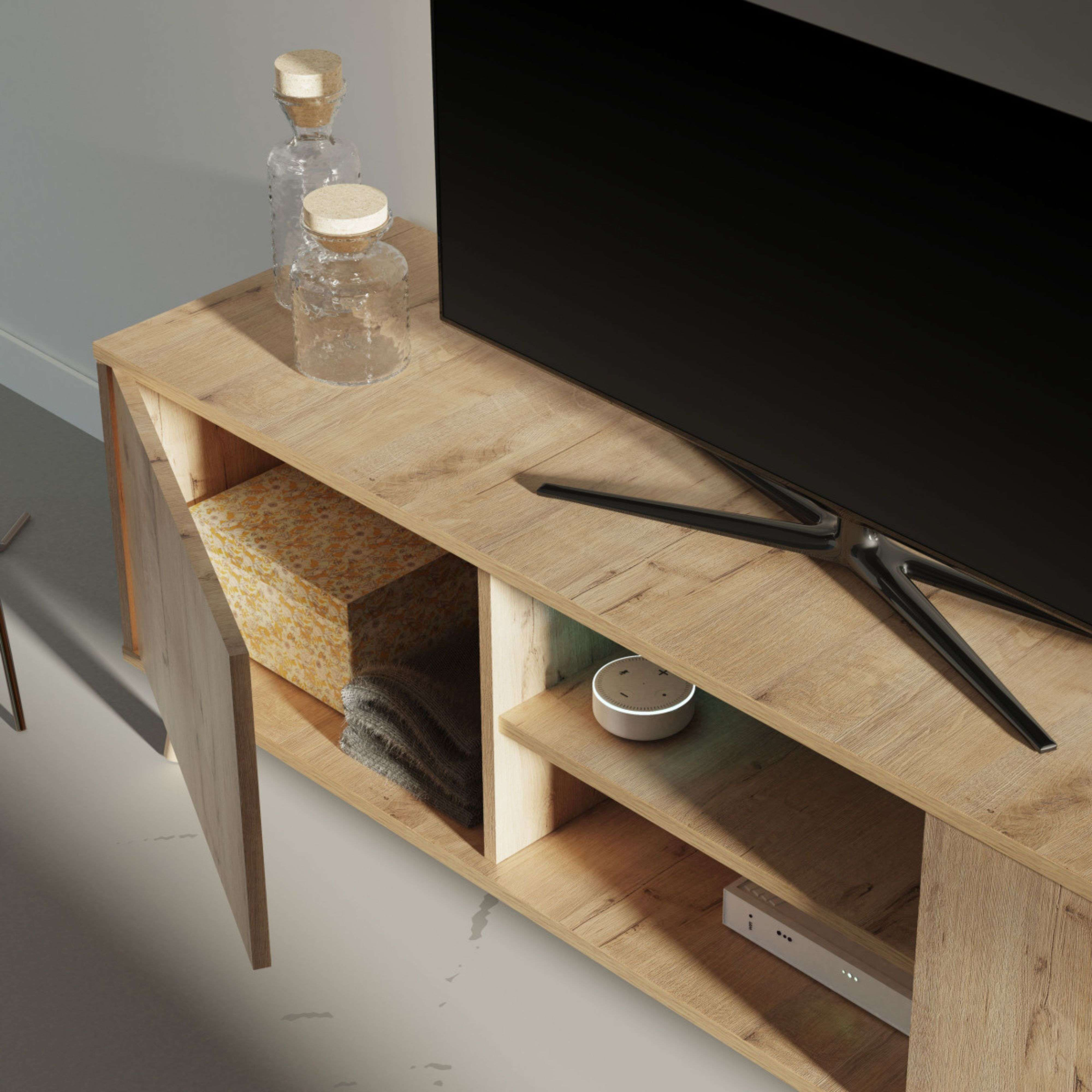 Mueble de TV de madera con estante abierto, altavoz inteligente y caja.