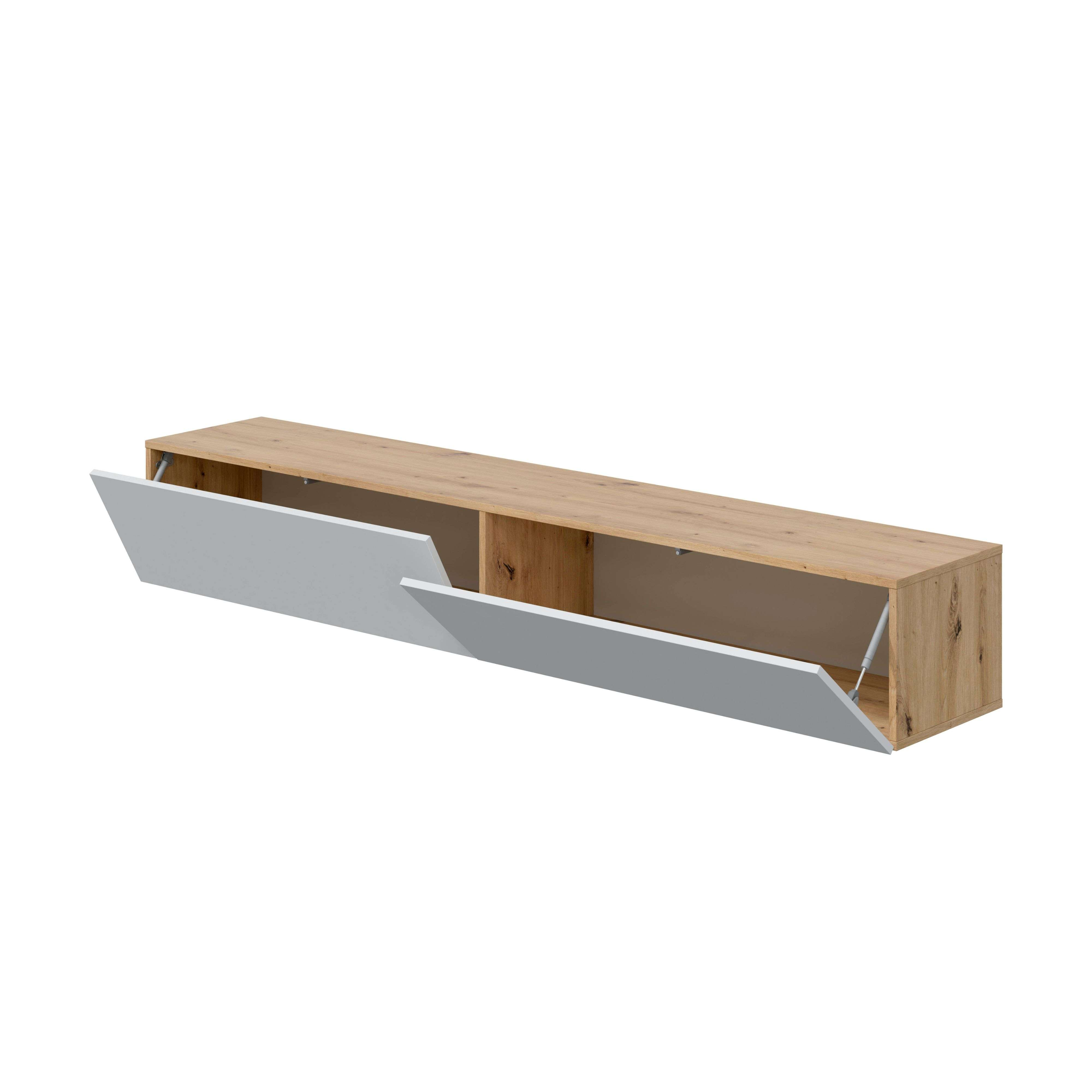 Un mueble largo de pared de material efecto madera con dos puertas abatibles blancas abiertas.