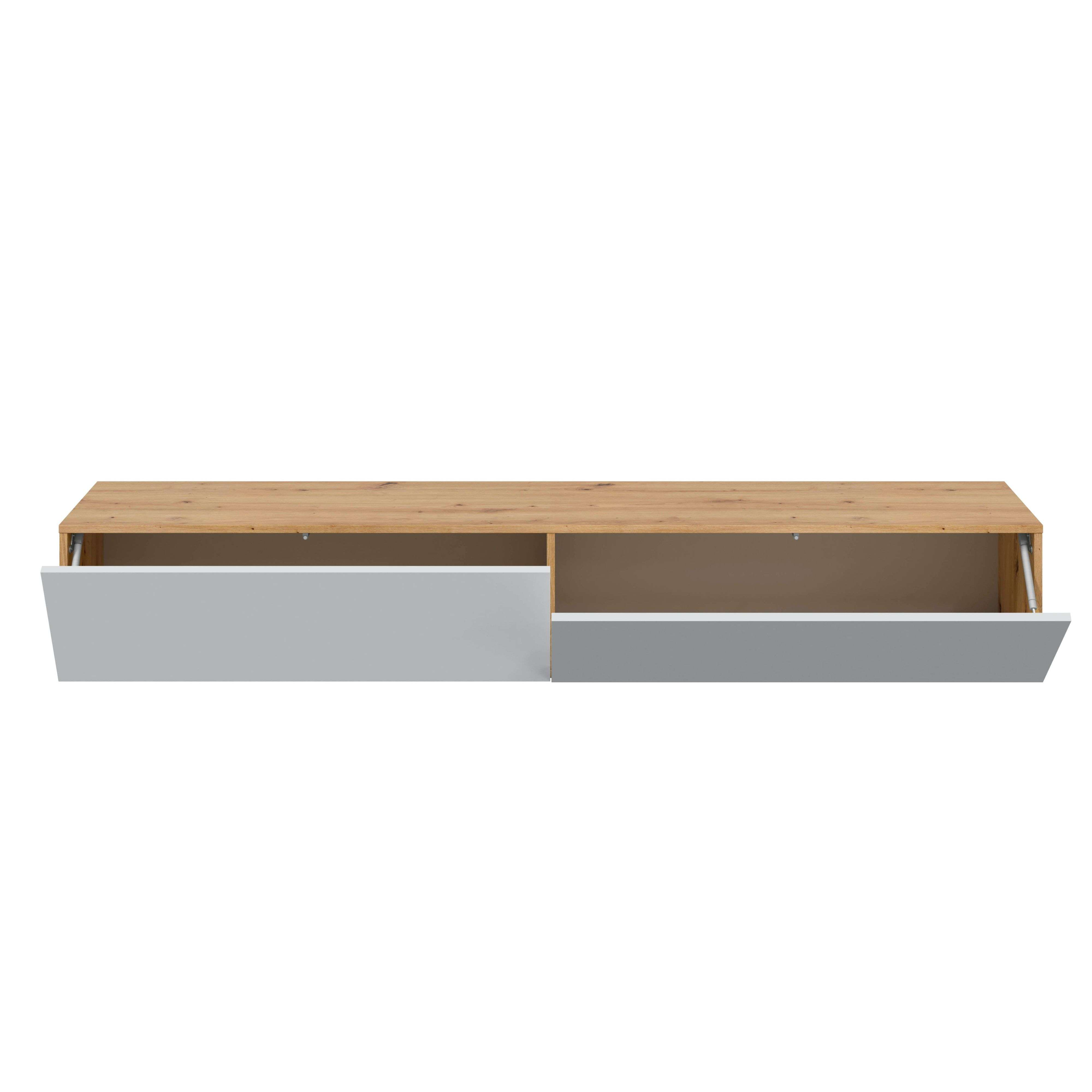 Un mueble de TV flotante con tapa de madera y cajones blancos, uno está abierto.