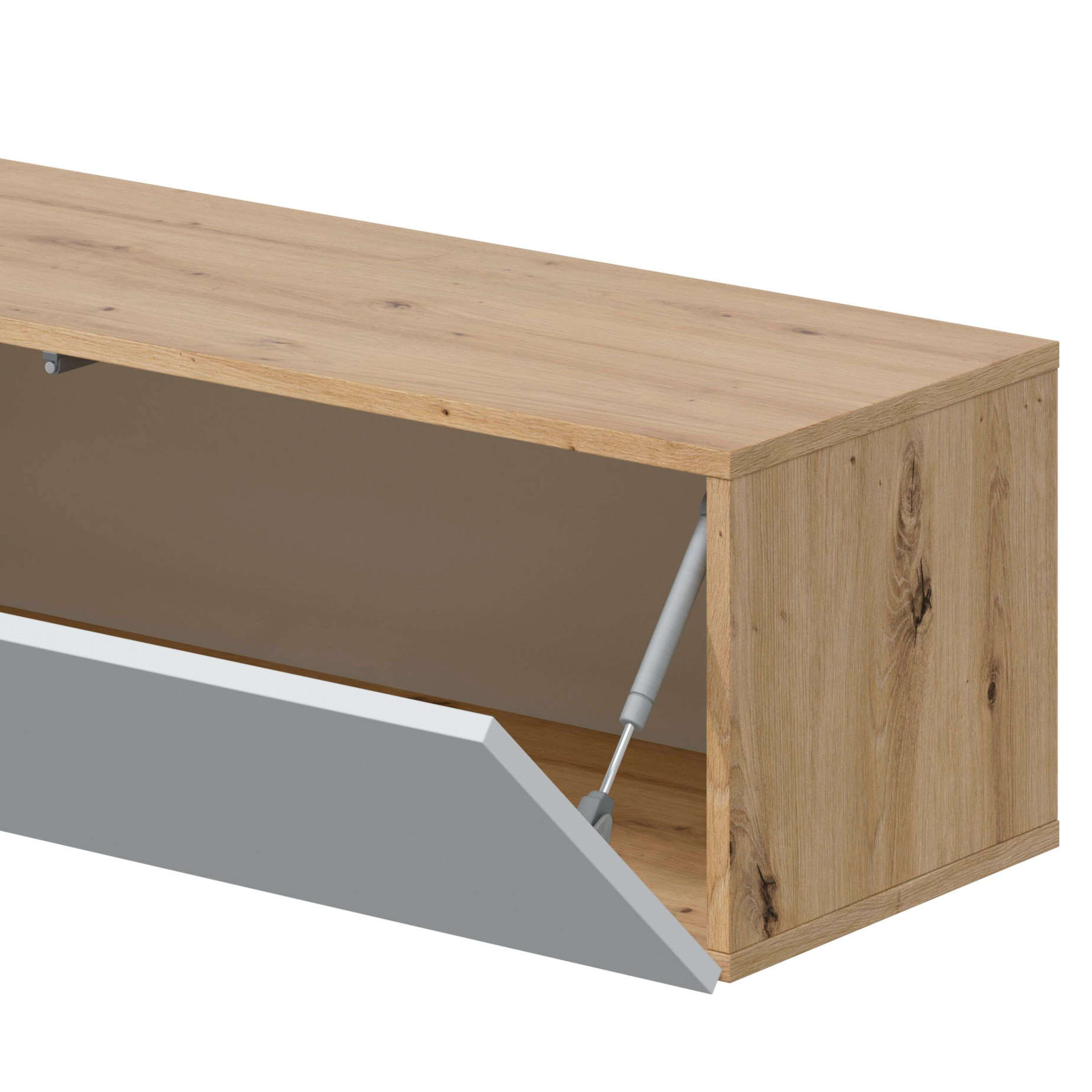 Un armario de madera con puerta gris abierta y un amortiguador de gas.