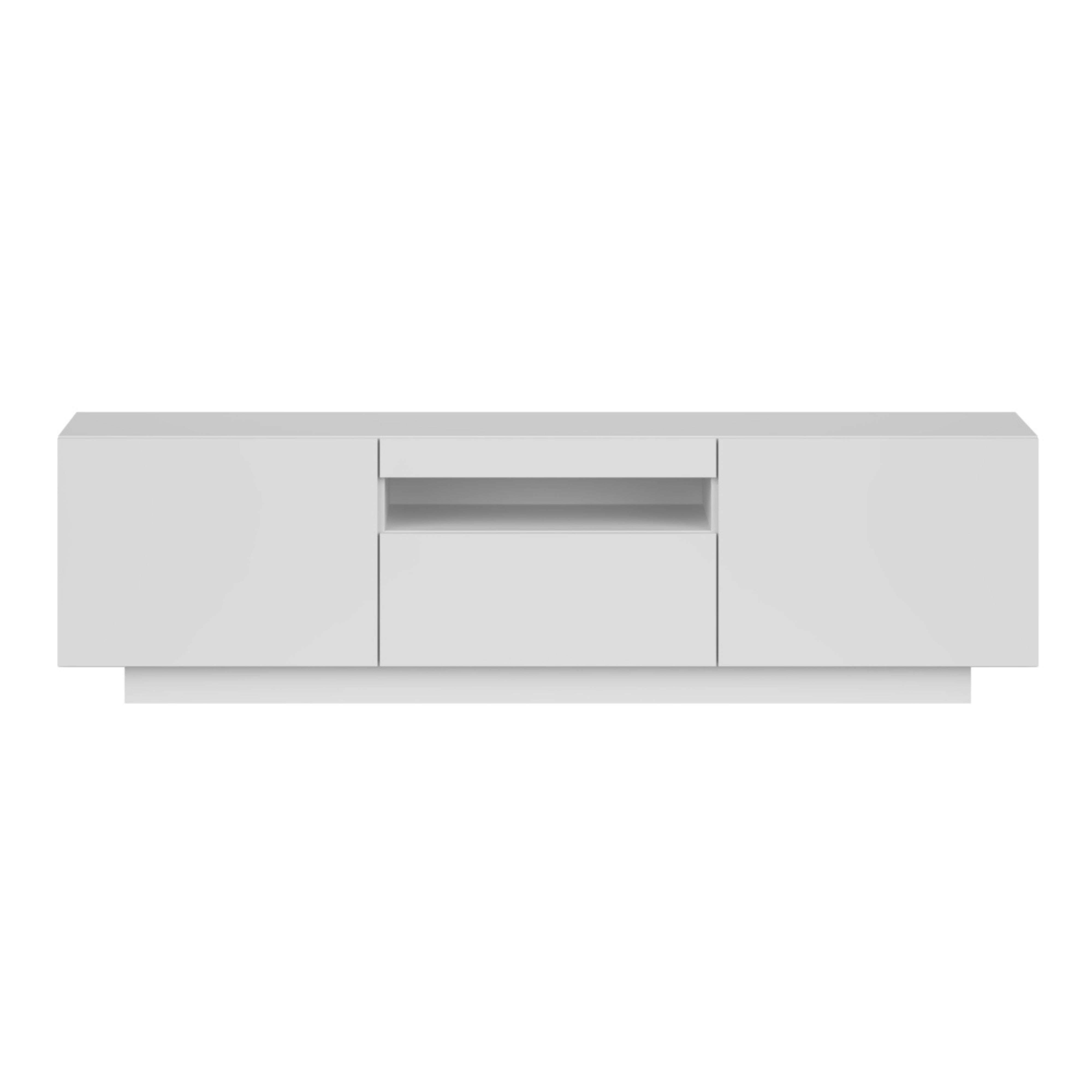 Un mueble de TV blanco y moderno con dos puertas y un estante abierto.