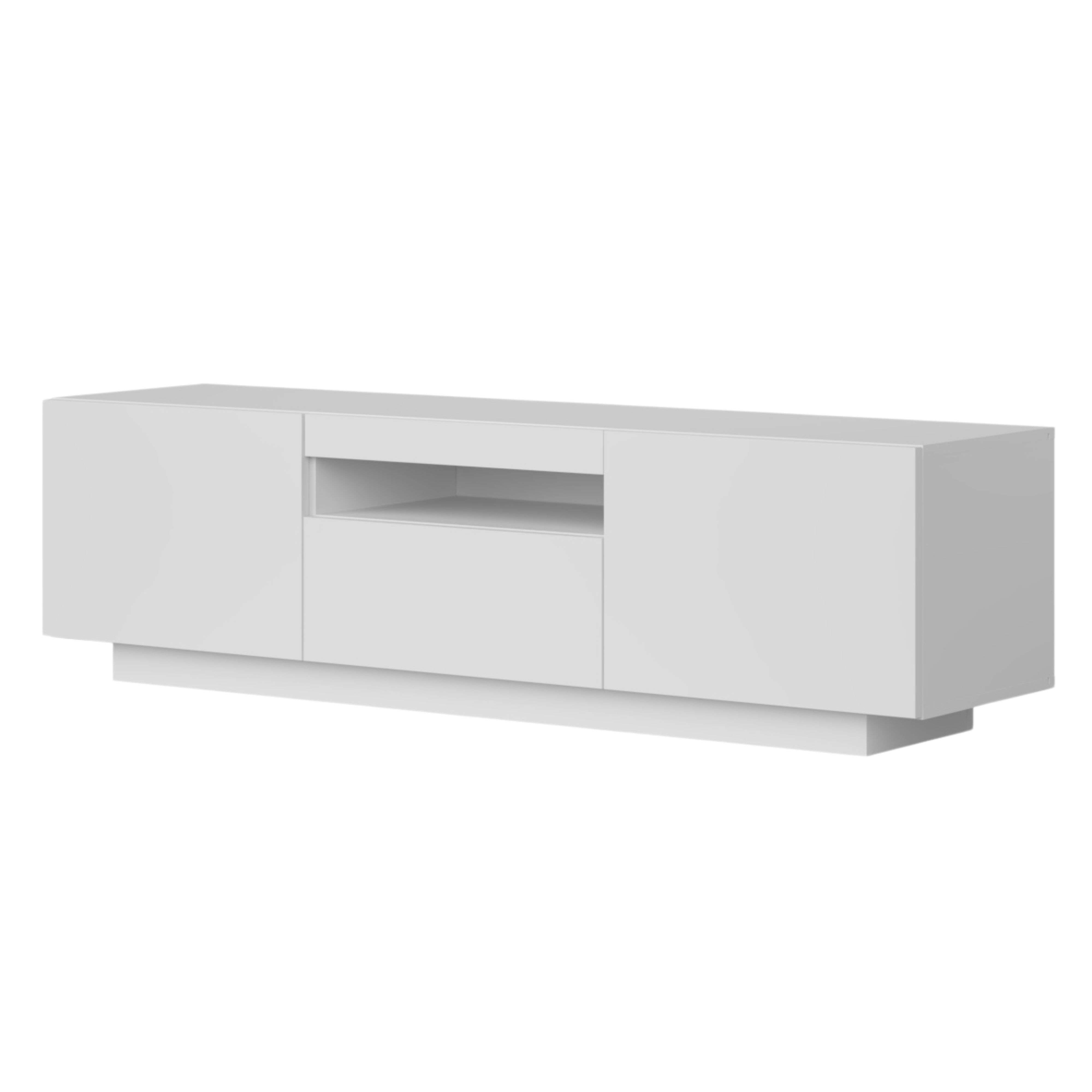 Un mueble de TV blanco moderno con estante abierto y cajones.