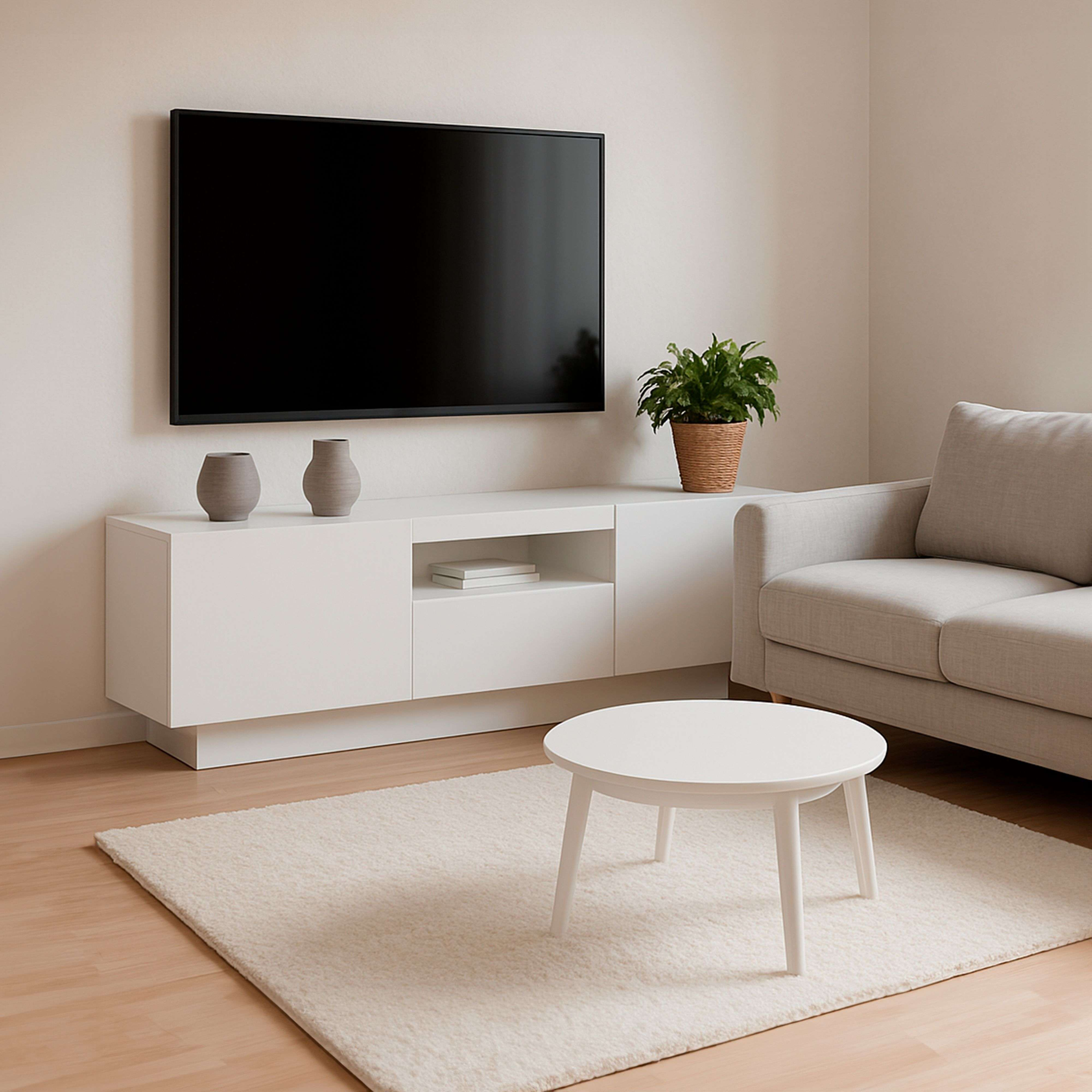Una sala de estar moderna con mueble de TV blanco, sofá, mesa de centro y alfombra.