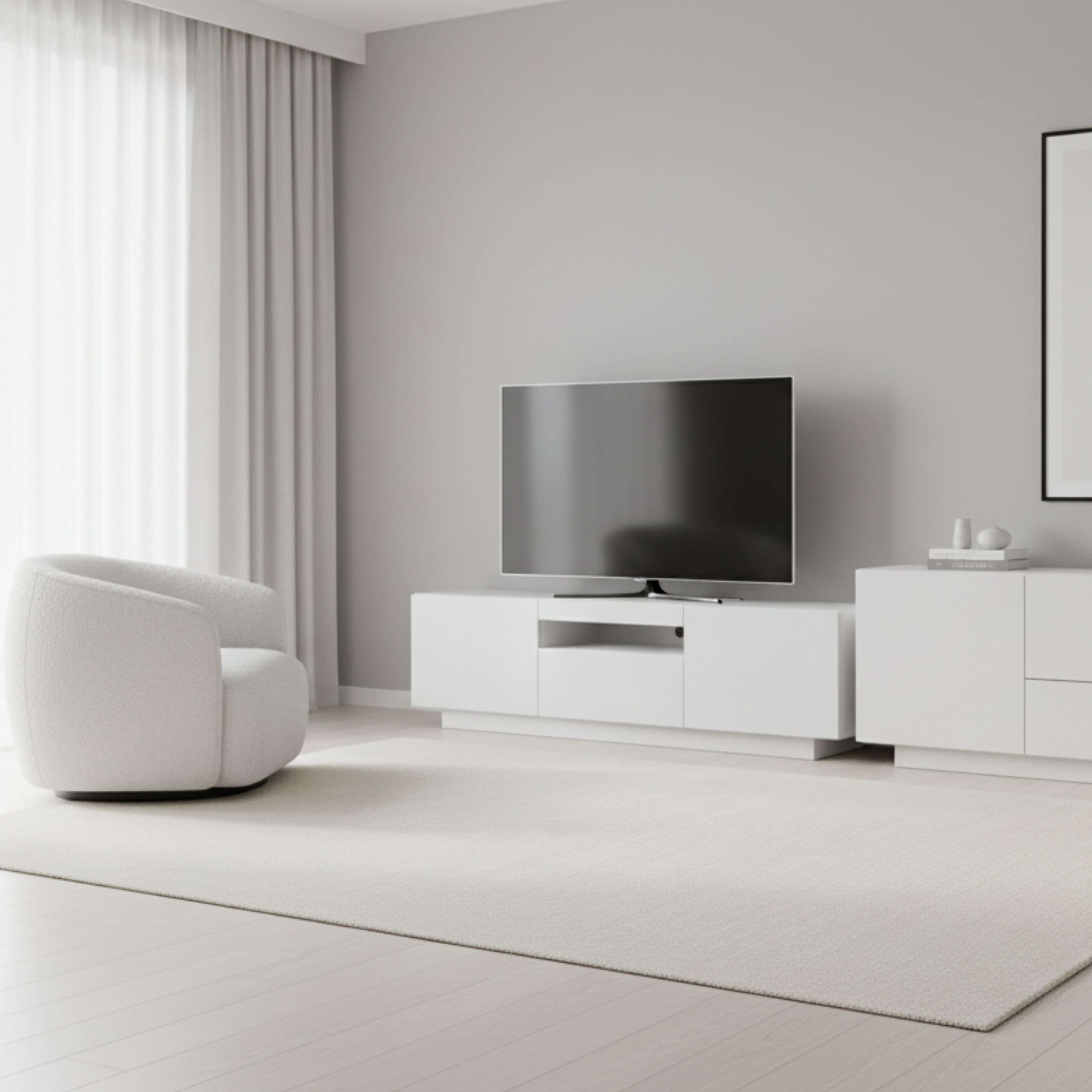 Un sillón blanco y un televisor en un mueble blanco en una habitación luminosa.