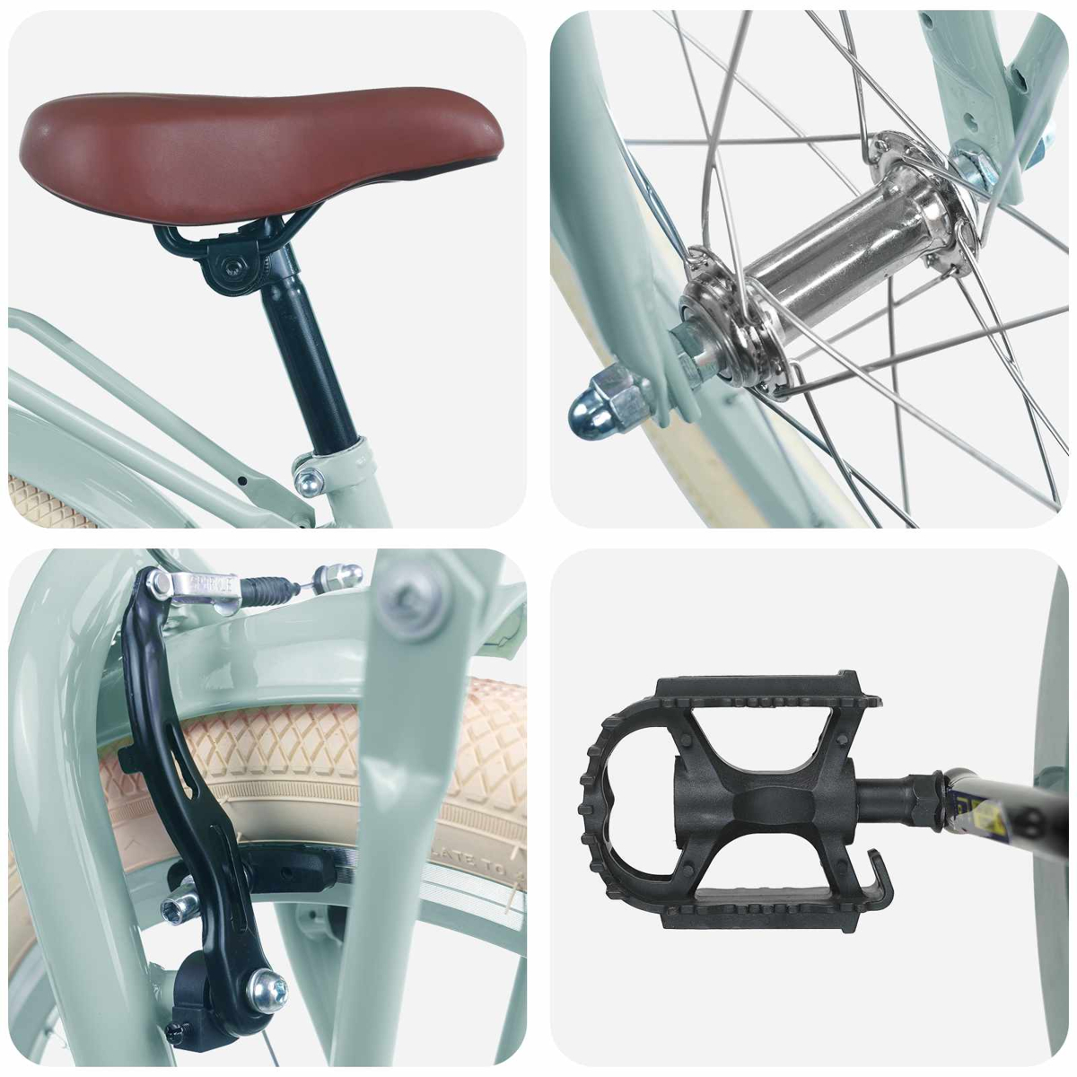 Nahaufnahme des Sitzes, der Radnabe, der Bremse und des Pedals eines hellgrünen Fahrrads.
