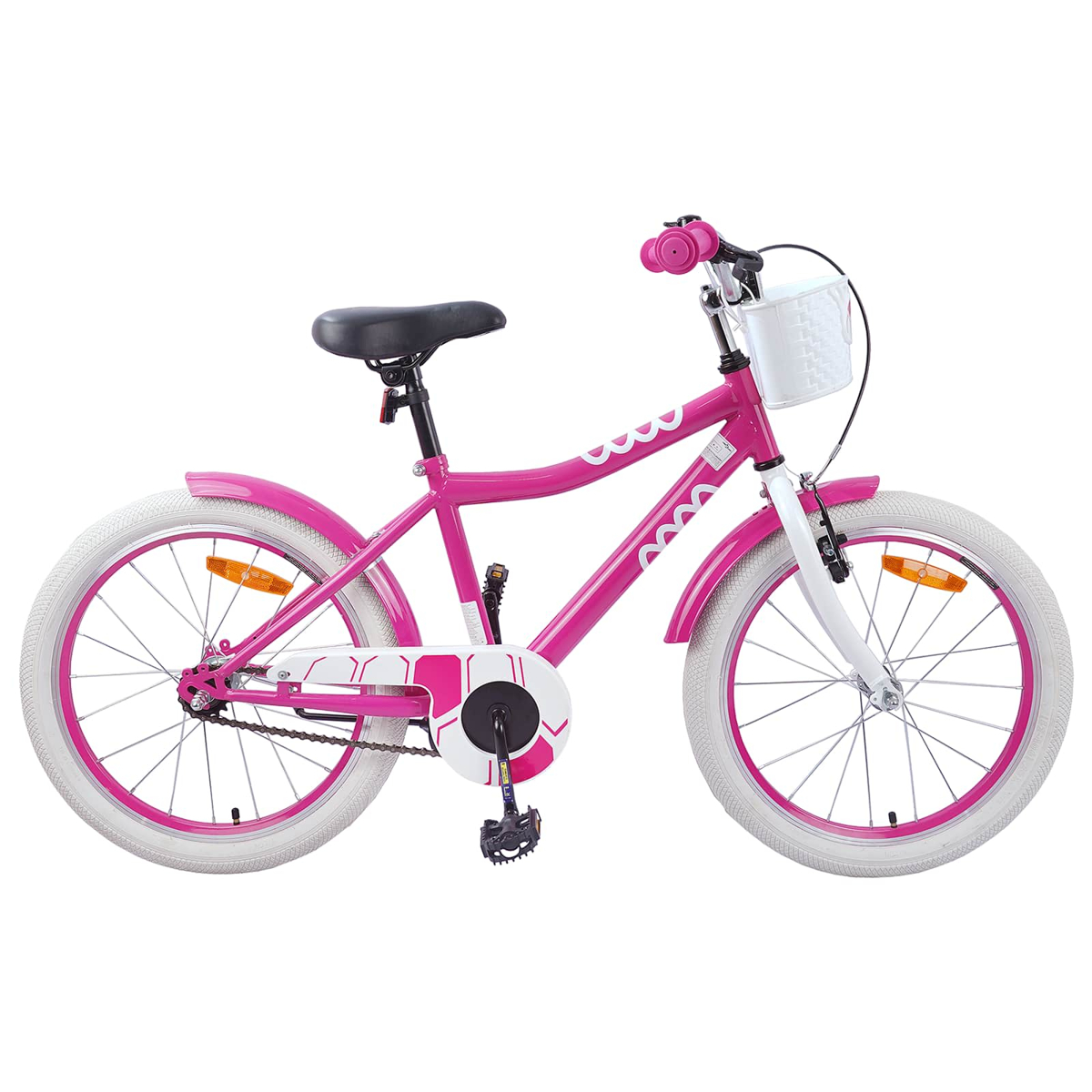 Ein pinkes Kinderfahrrad mit weißen Reifen, einem weißen Korb und pinken Akzenten.