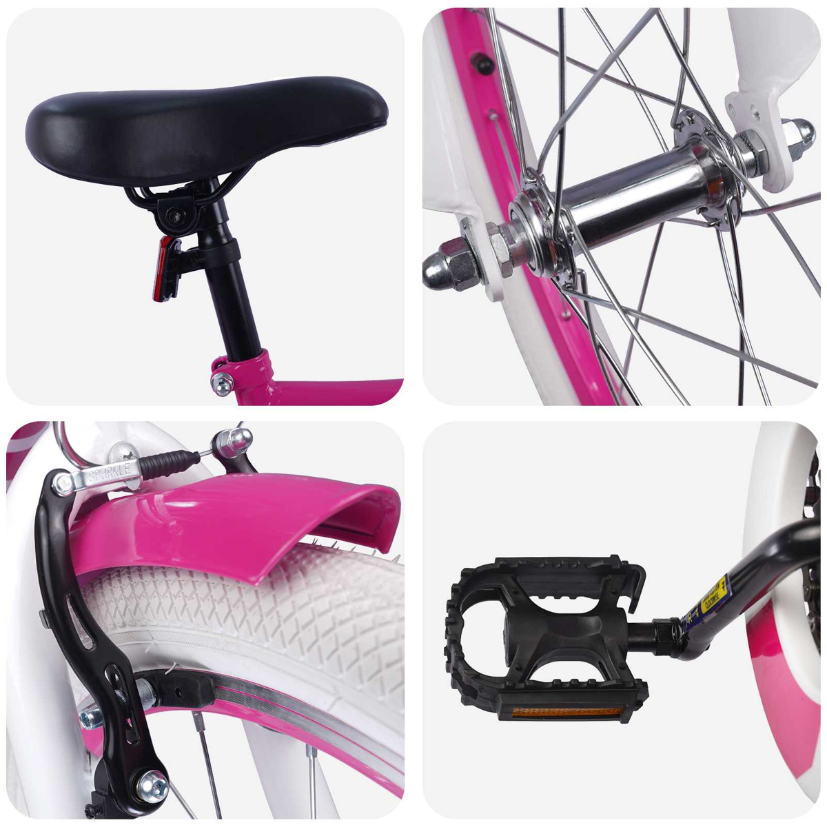 Nahaufnahme eines rosa und weißen Fahrrads mit schwarzem Sattel, Speichen und Pedal.