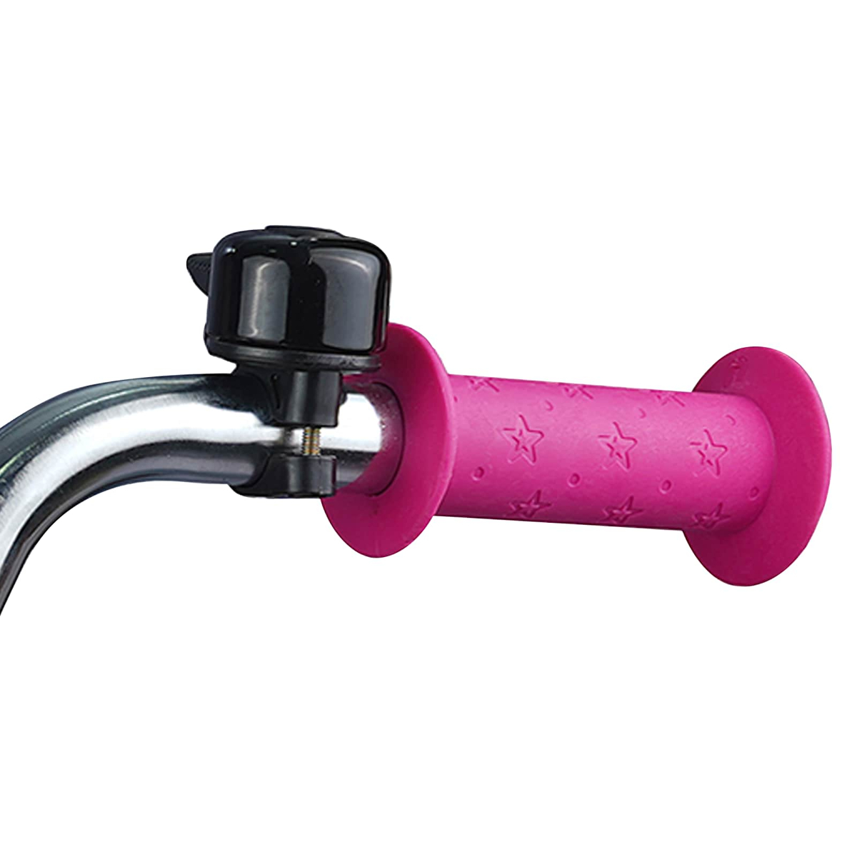 Nahaufnahme einer pinken Fahrradgriffs mit Sternen und einer schwarzen Klingel.