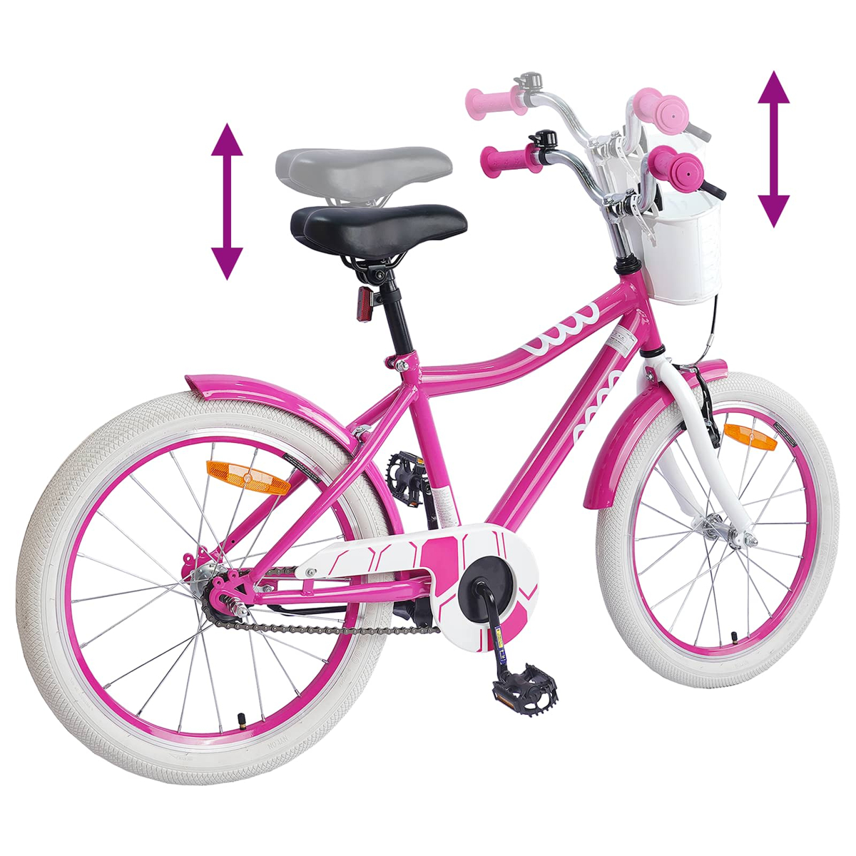 Ein pinkes Kinderfahrrad mit weißen Reifen und einem weißen Korb.