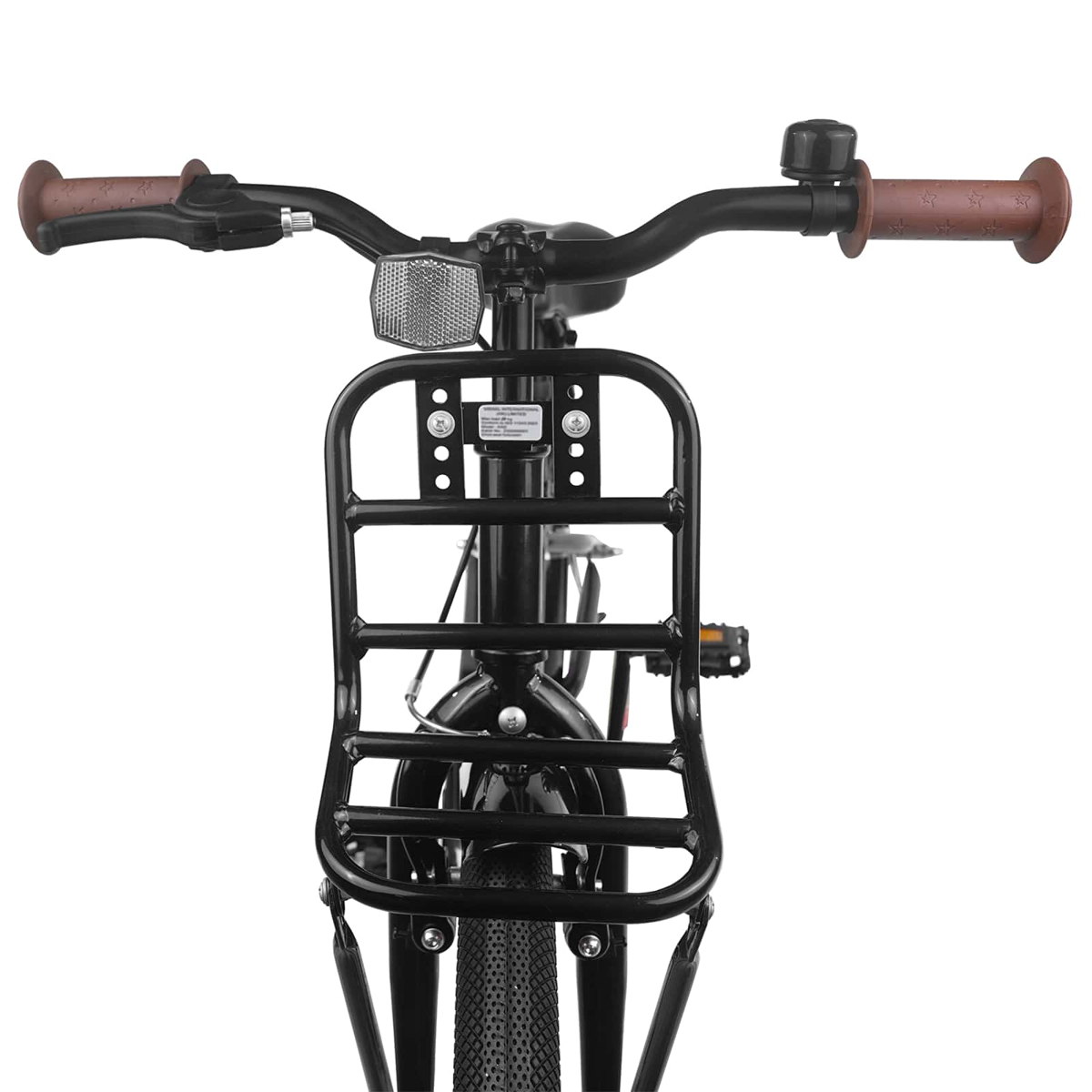 Ein schwarzes Fahrrad mit Gepäckträger vorne, braunen Griffen und einer Klingel.