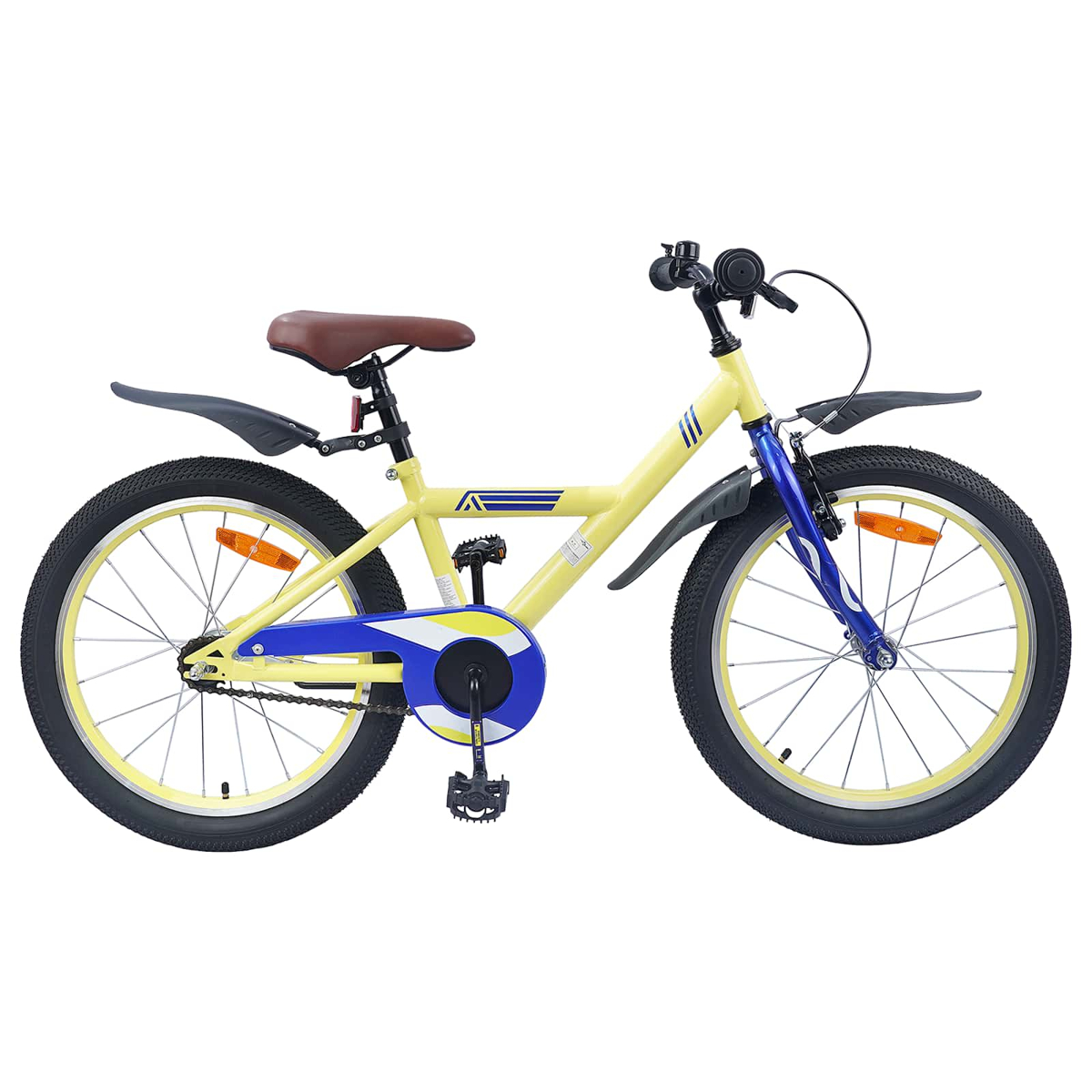 Ein gelbes Kinderfahrrad mit braunem Sattel, blauen Akzenten und Schutzblechen.