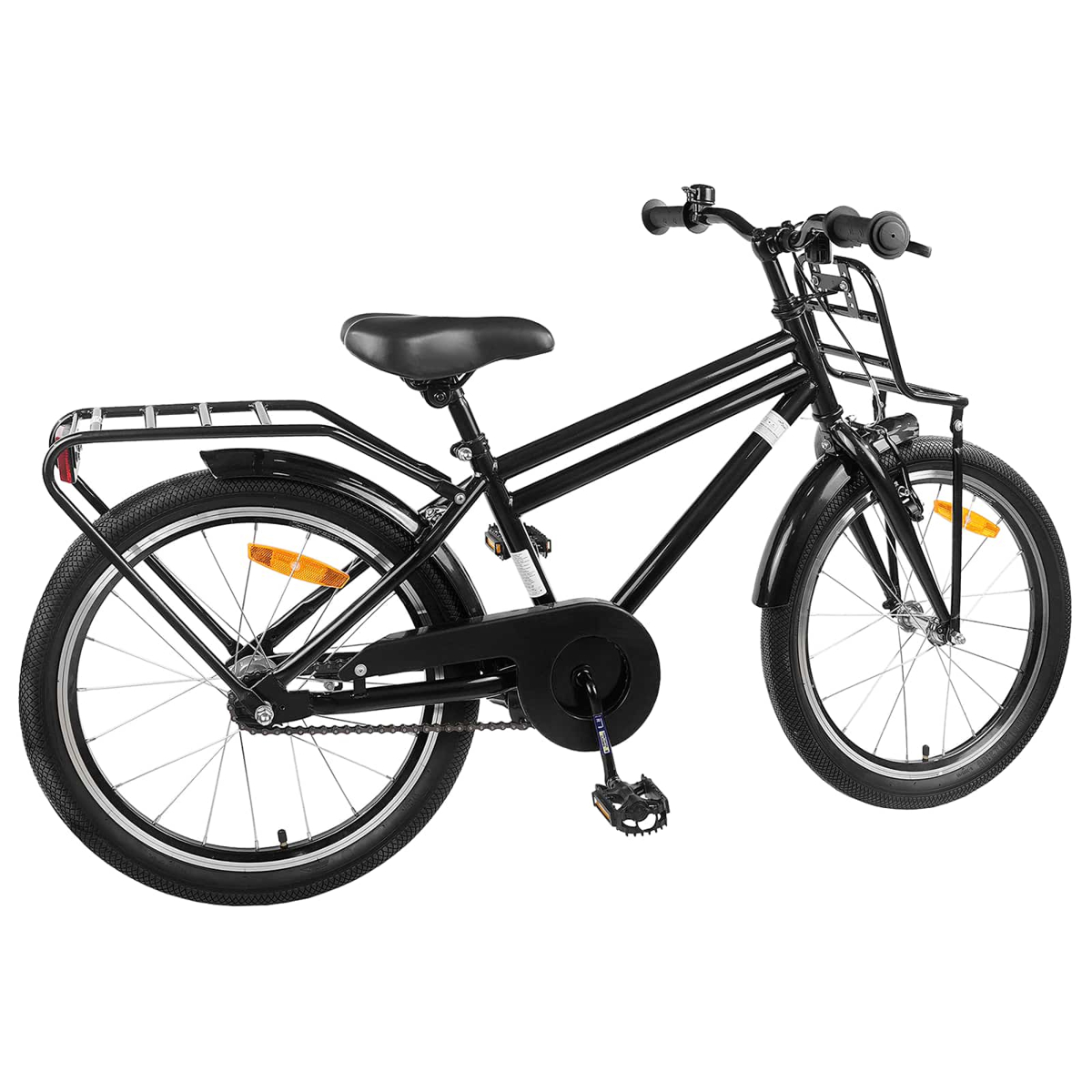 Ein schwarzes Fahrrad mit Gepäckträgern vorne und hinten, Schutzblechen und Klingel.