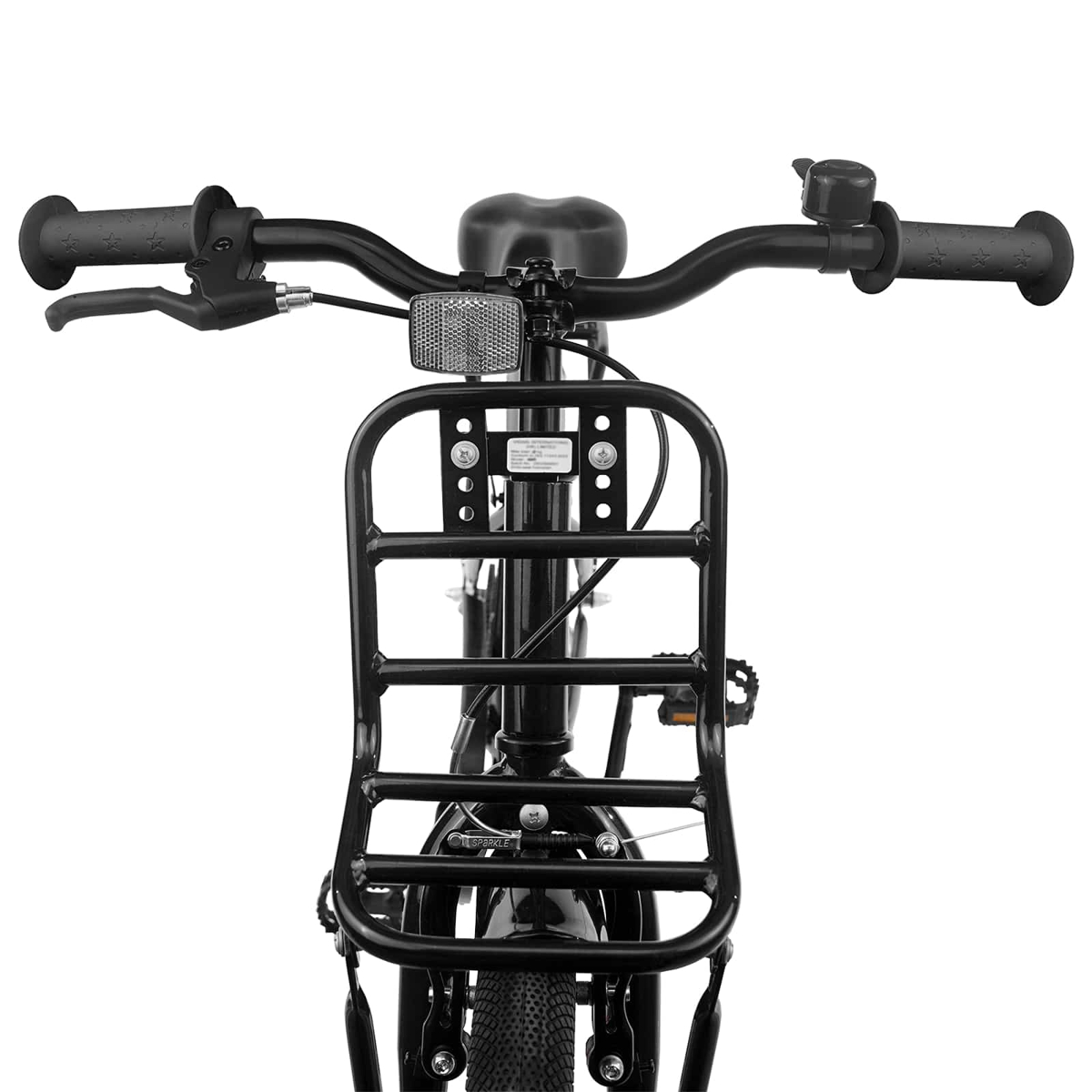 Ein schwarzes Fahrrad mit Gepäckträger vorne, Lenker, Sattel und Reflektor.