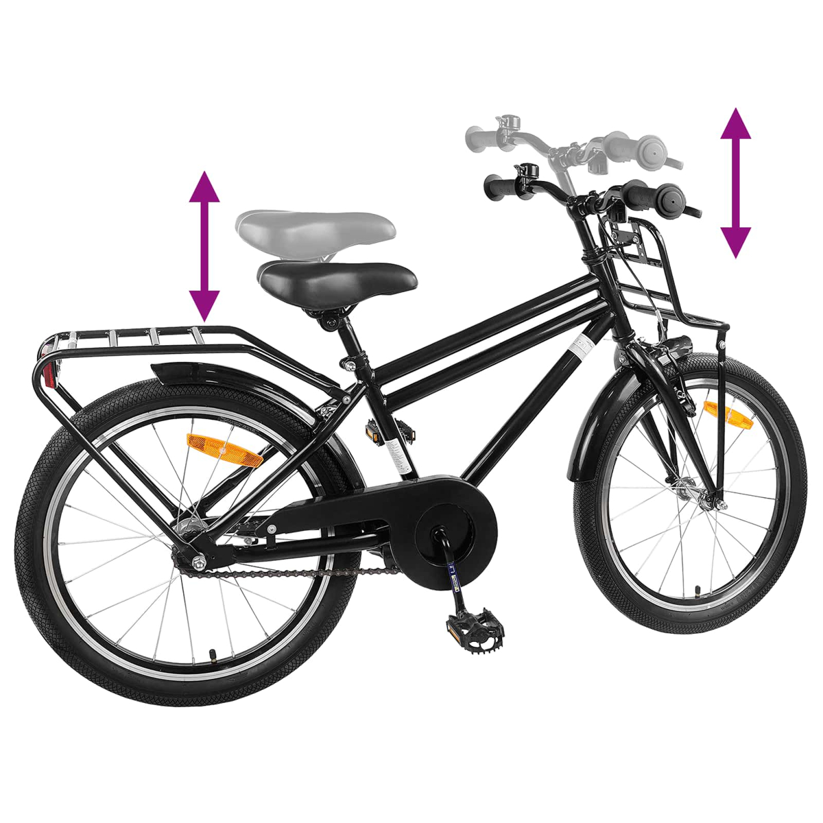 Ein schwarzes Fahrrad mit einem Gepäckträger und zwei Pfeilen, die Höhenverstellung anzeigen.
