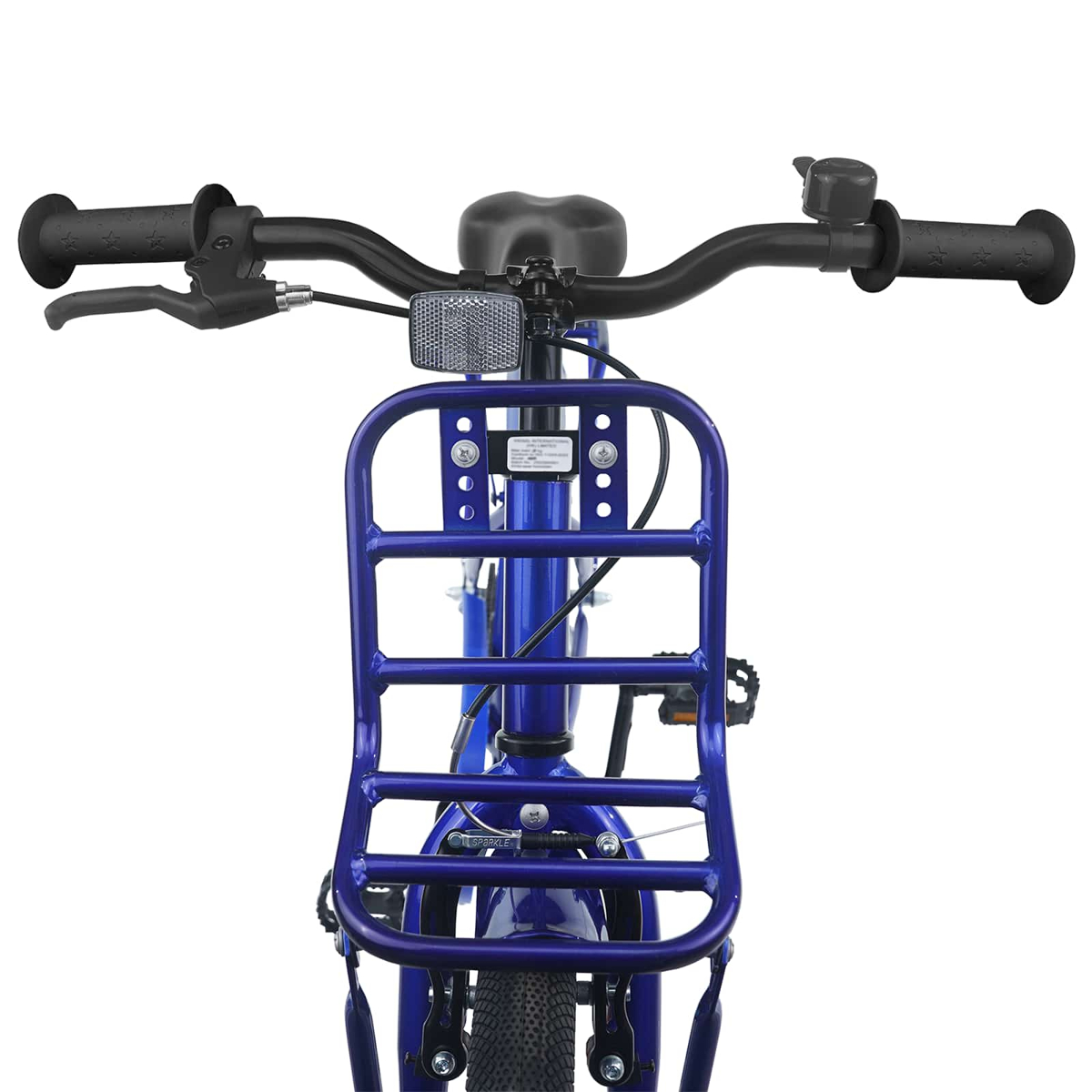 Blaues Kinderfahrrad mit Lenker, Klingel, Bremsen, Reflektor und Gepäckträger.