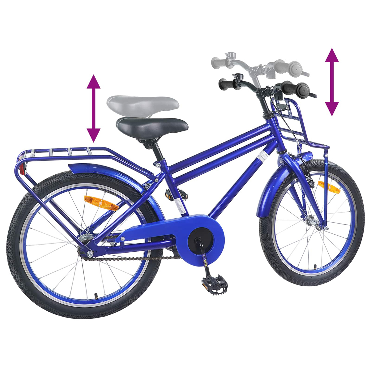 Ein blaues Fahrrad mit verstellbarem Sattel und Lenker.