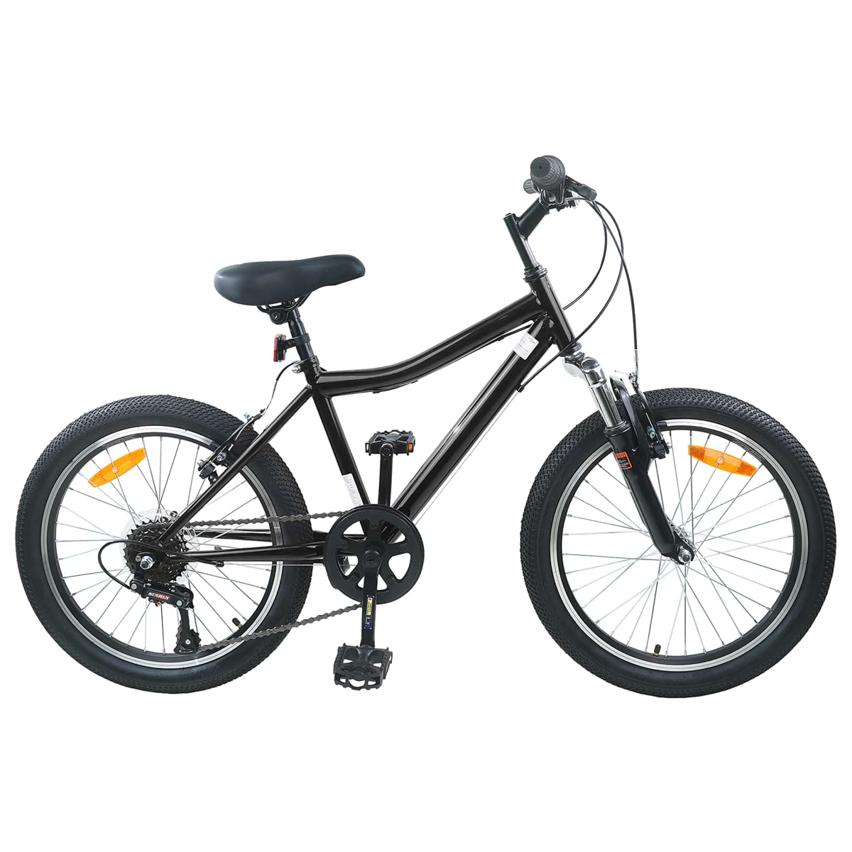 Ein schwarzes Fahrrad mit breiten Reifen und orangen Reflektoren, weißer Hintergrund.